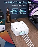 Vista 4 de Regleta de protección contra sobretensiones de 6 pies con USB C, cable de extensión HANYCONY con 8 enchufes (2.2 pulgadas), 4 puertos USB (2 USB C)