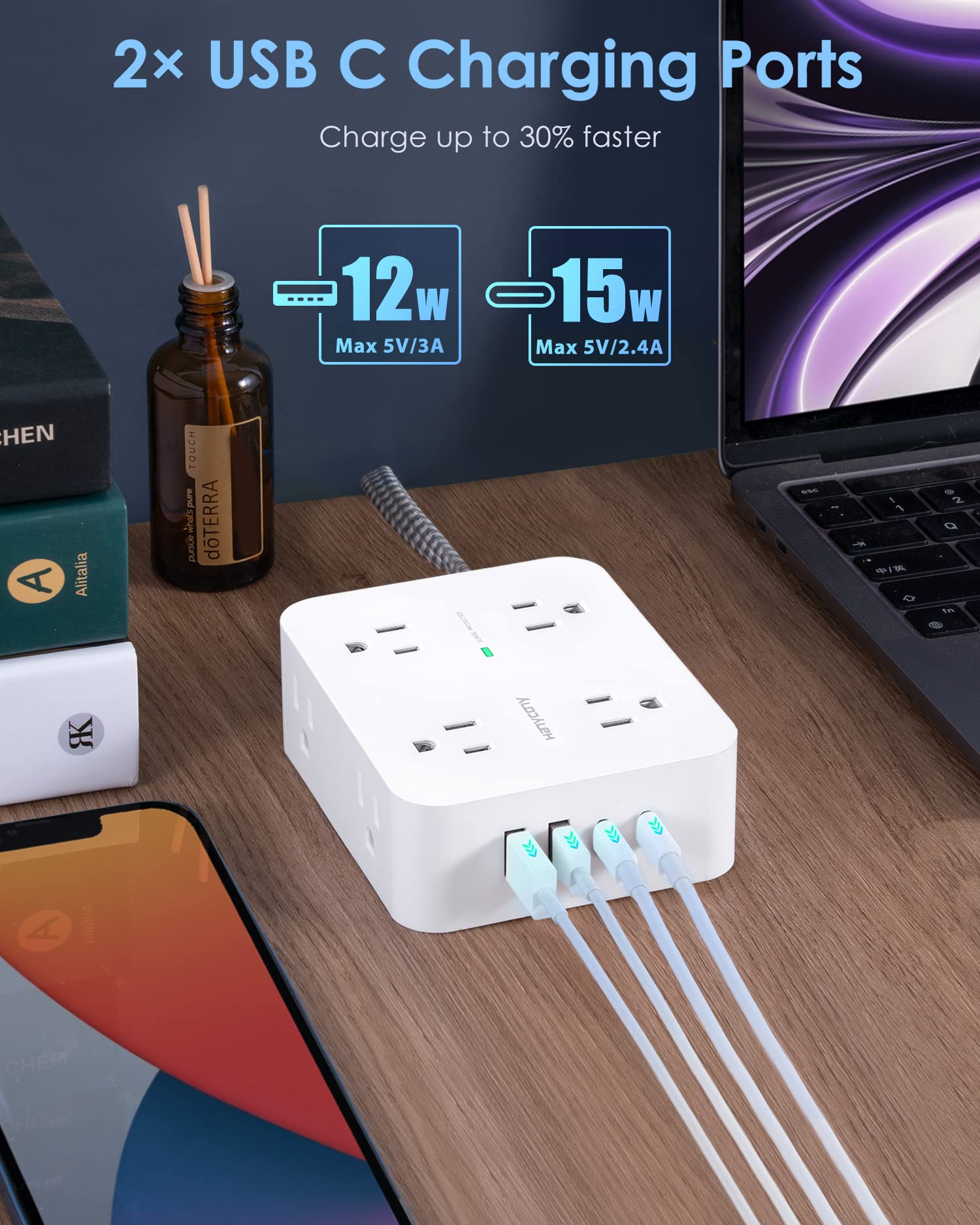 Überspannungsschutz-Steckdosenleiste mit USB-C-Verlängerungskabel mit 8 breiten Ausgängen (5,6 cm) und 4 USB-Ports (2 USB-C), Flachstecker, Wandhalterung, 3 seitliche Steckdosenverlängerungen für
