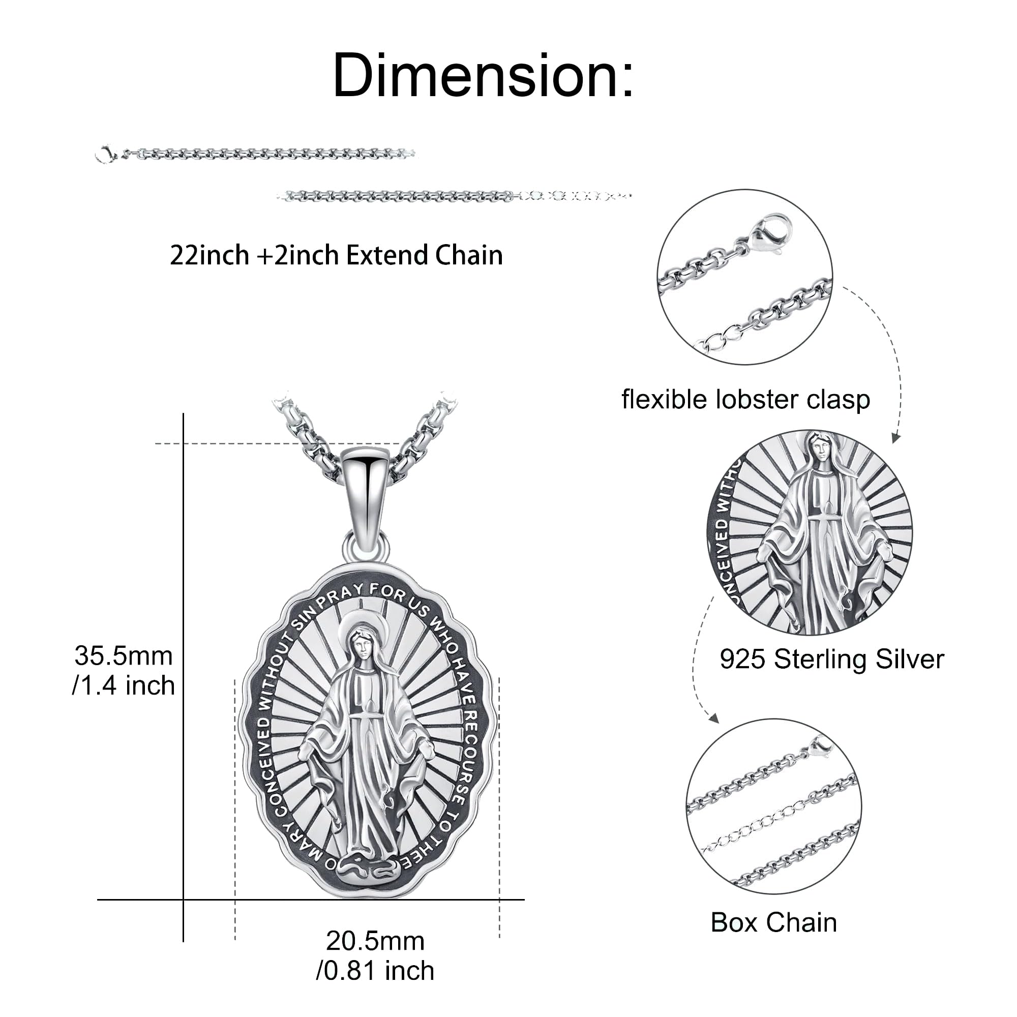 Collier avec médaille miraculeuse Vierge Marie pour homme et femme en argent sterling 925 avec pendentif en forme de médaille ovale divine Amulette Bijoux religieux, petit, argent sterling