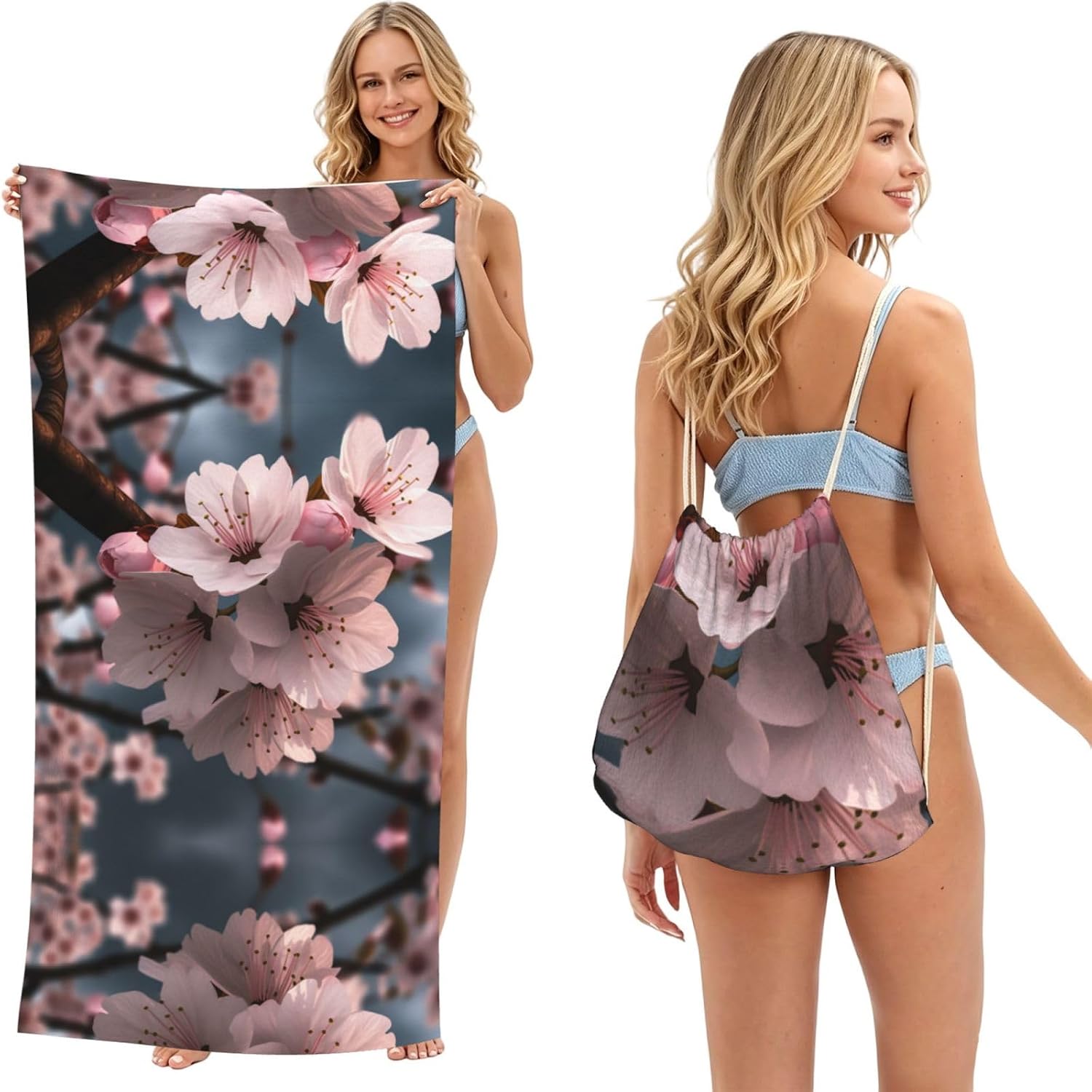 2 in 1 Packable Towel Bag,Soft Absorbent Pool Towels Backpack Quick Dry Lightweight Beach Towels Cherry Blossoms Drawstring Bag for Travel Camping Sports Picnic