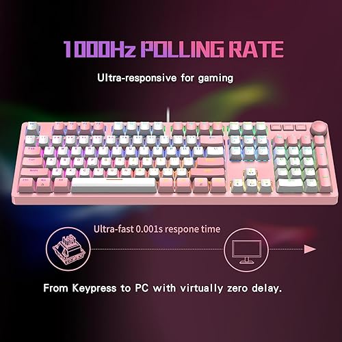 Miniatura 3 de HKM-95 - Teclado mecánico con cable para juegos, retroiluminado RGB de tamaño completo con perilla de control de medios, interruptores Outemu, USB