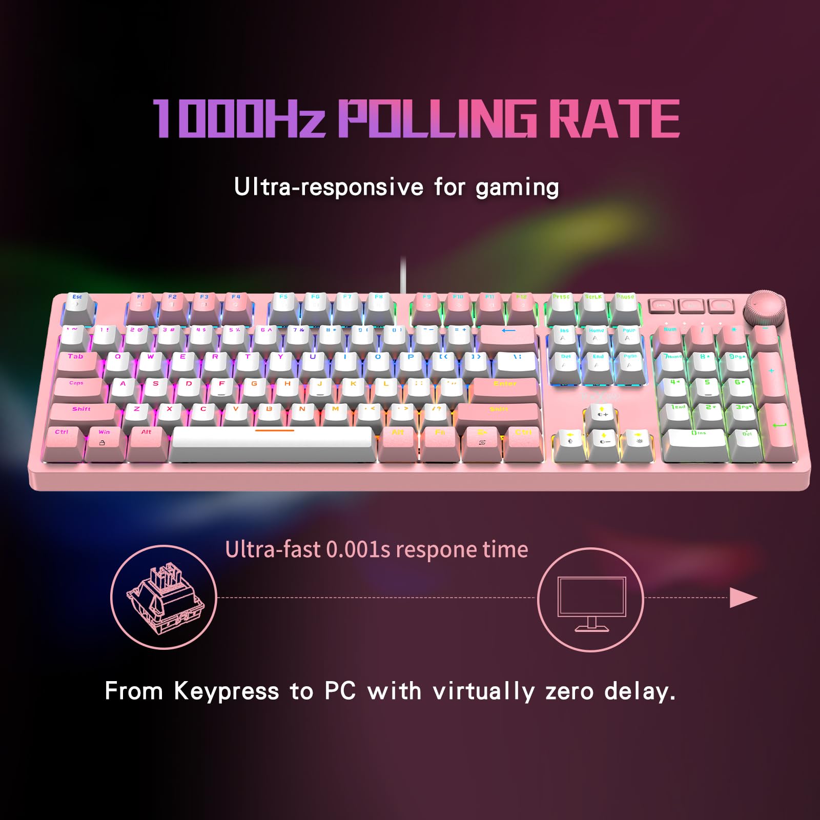 FOXXRAY HKM-95 przewodowa mechaniczna klawiatura do gier, pełnowymiarowe podświetlenie RGB z pokrętłem sterowania multimediami, przełączniki Outemu, USB Plug and Play, do PC/Mac/Windows, różowa i