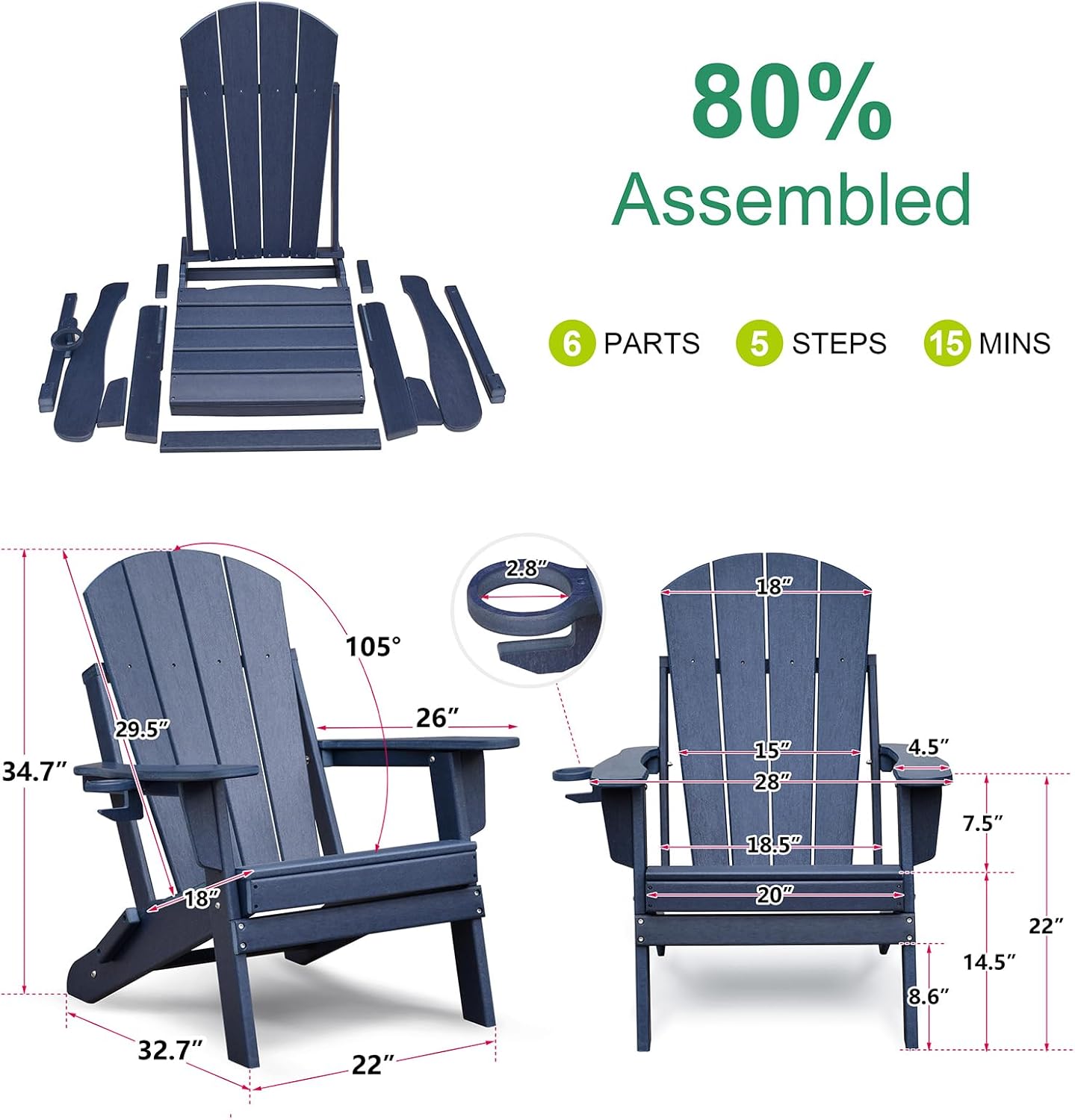ATR ART TO REAL Folding Adirondack Chairs, HDPE Weather Resistant Outdoor Firepit Chairs with Cup Holder, Patio Folding Chairs for Garden, Lawn, Backyard, Deck, Fire Pit(Navy Blue)