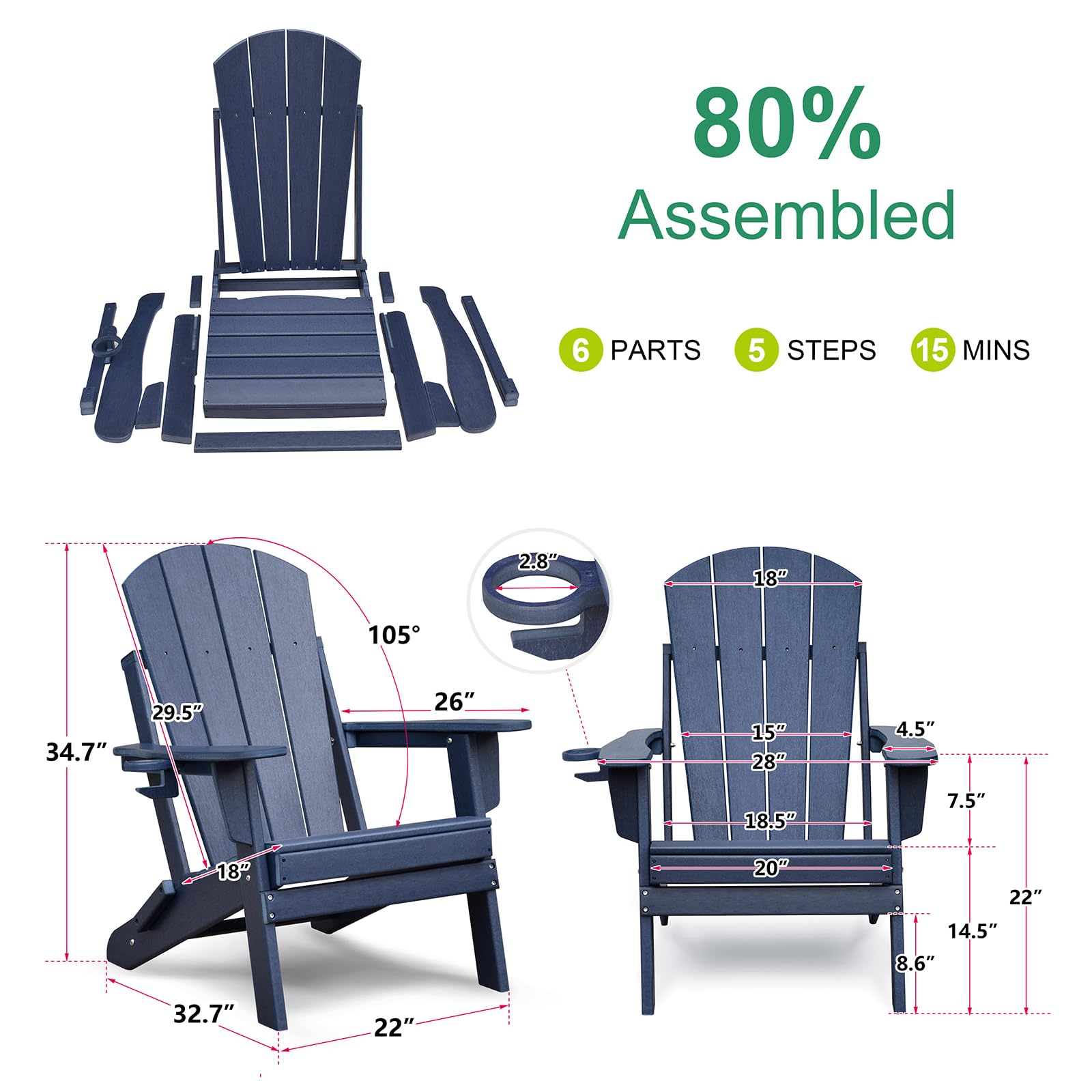 ART TO REAL ATR Adirondack Stuhl mit Getränkehalter,Klappbar Adirondack Chair Kunststoff,Wetterfester Gartenstuhl, Gartensessel aus Outdoor-Stuhl für Garten,Terrasse