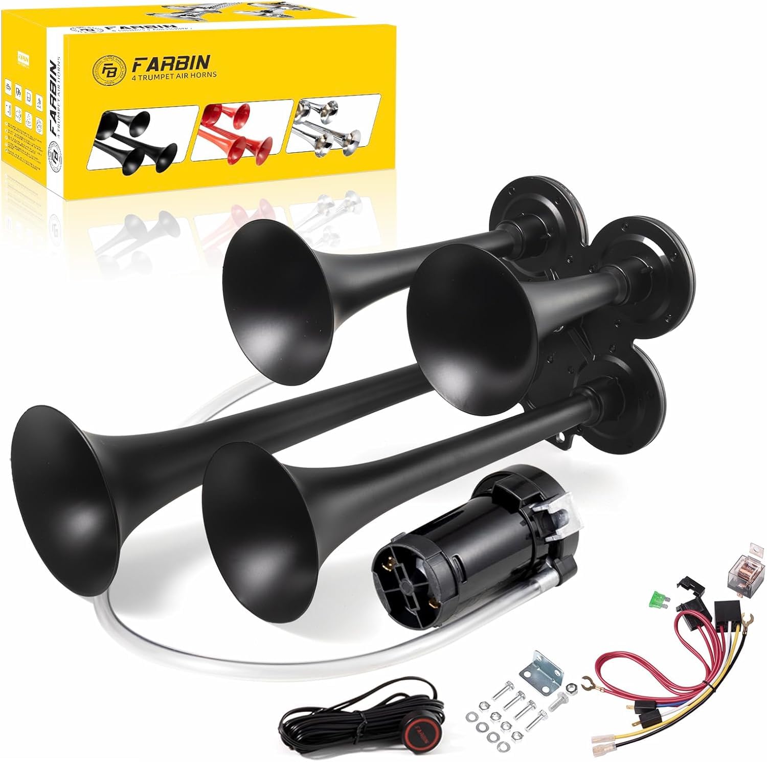 FARBIN LKW Luft Horn 150DB Zug hupe 12V 4 Trompete Auto hupen für LKW Super Laute Luft Horn mit Kompressor für Fahrzeug Auto Pickup Jeep SUV Boot