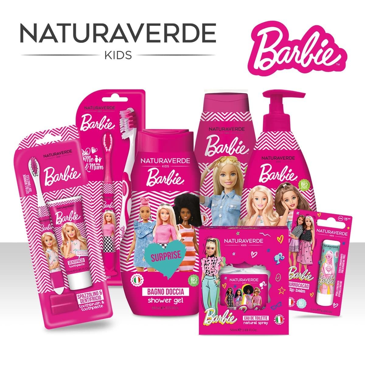 Naturaverde | Dzieci - Mattel Barbie - zestaw do czyszczenia doustnego dla dzieci, pasta do zębów truskawek i karmelów 25 ml i szczoteczka do zębów z miękkim włosiem, pasta do zębów Barbie