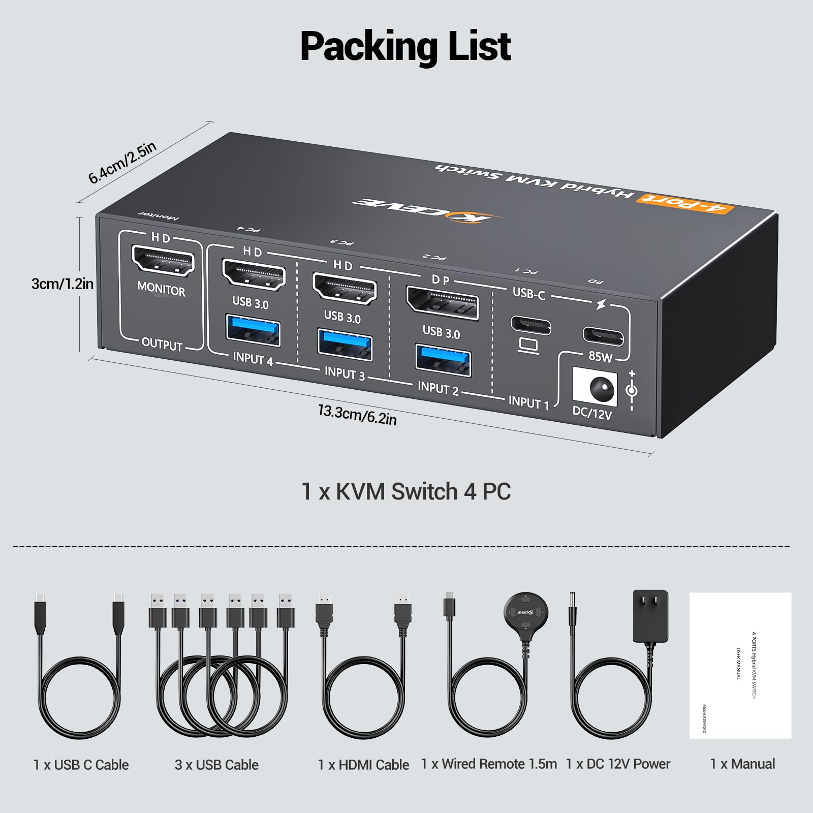 Conmutador KVM 4K 4 puertos USB-C HDMI DP EDID USB 3.0 60Hz para 4 computadoras teclado mouse 1 monitor HDMI