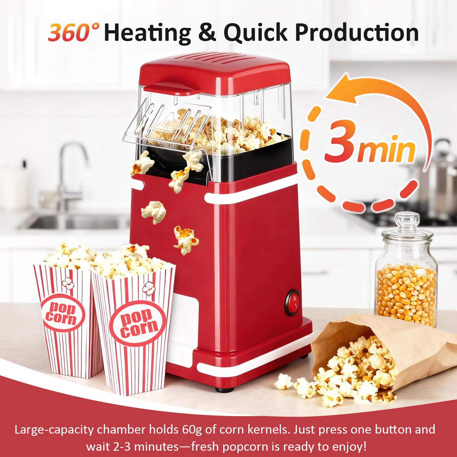 VINATO Macchina Popcorn, Aria Calda 1200W Senza Olio Macchina Popcorn, 1 Pulsante, Prepara Popcorn in Soli 2 Minuti Ideale per Casa e Viaggi