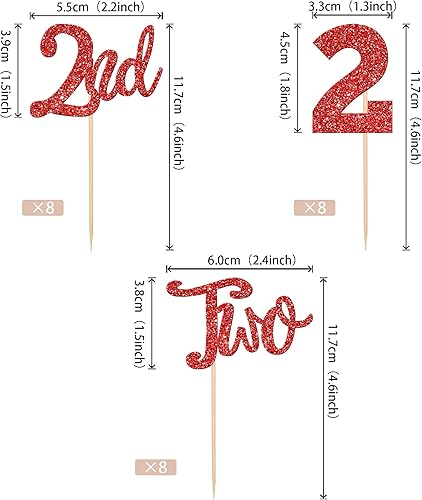 Miniatura 2 de 24 piezas de decoración para cupcakes con purpurina para 2 cumpleaños, número 2, segundo cumpleaños, dos decoraciones para pasteles, baby shower,