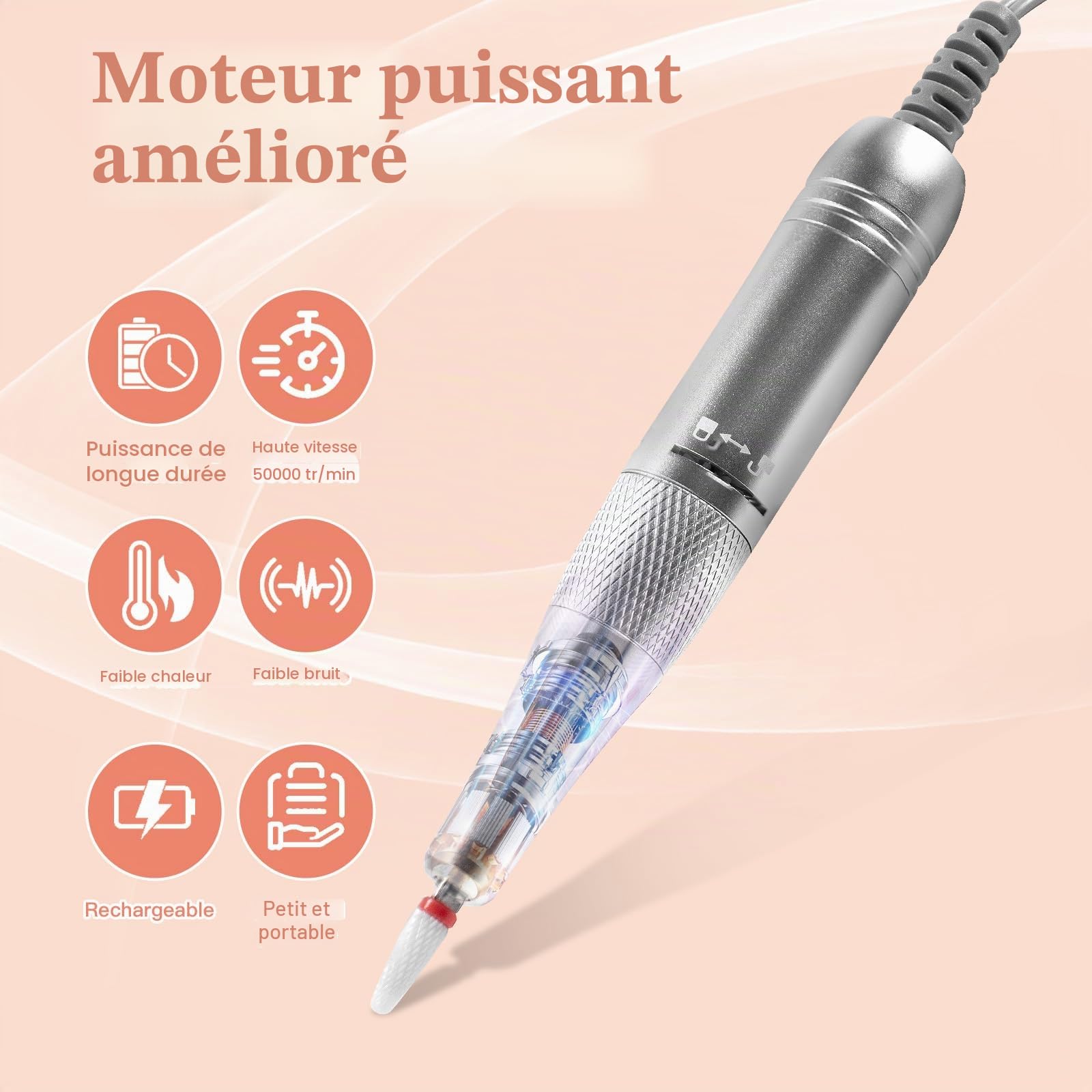 Ponceuse pour Ongles Professionnelle 50000 RPM Portable Rechargeable Avec Affichage LCD et 7 Embouts Ponçage pour Pédicure Manucure, Puissante, Silencieuse pour Salon/Maison