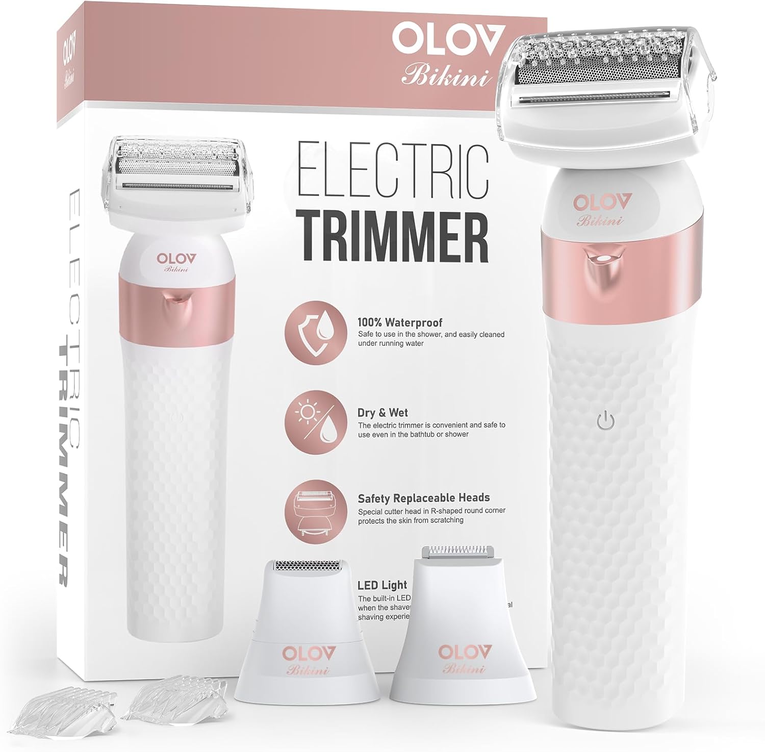 Bikini Trimmer for Women, IPX7 Waterproof Wet & Dry Electric Razors for Women, Bikini Legs Underarm Pubic Hairs Rechargeable Electric Shaver with 3 Trimmer Heads, Rose Gold