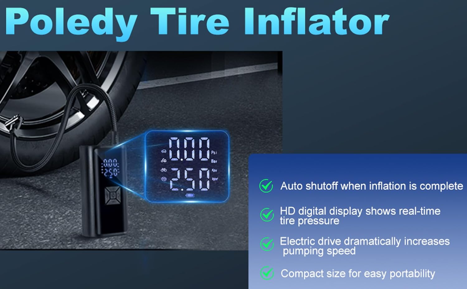 Tire Inflator Portable Air Compressor with LED Light, POLEDY Electric Bicycle Pump, Cordless Inflator Portable with Digital Gauge, Auto Shut Off, Battery Air Compressor for Car Bike Motorcycle Ball