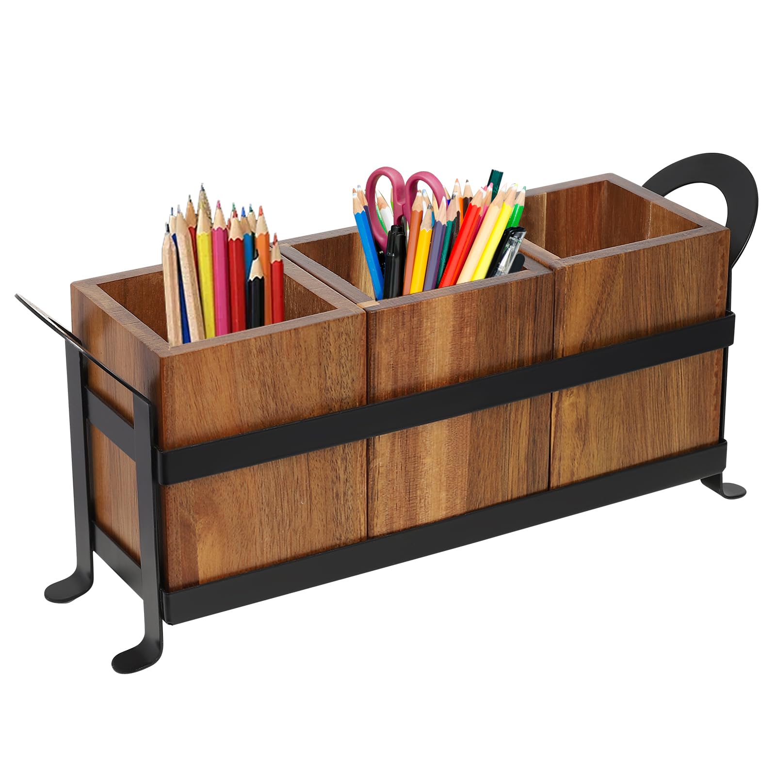 Lumivew Wooden Utensil Organizer 3 Compartments With Iron Tray