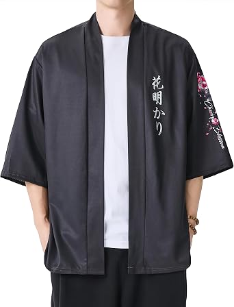 Mens Kimono Cardigan Jacket Japanese Kimono Shirt 3/4 Sleeve Printed Haori | Lightweight Silky Polyester Happi Coat Fashion Loose Fit Open Front Short Robe Unisex Casual Streetwear Summer Beach Yukata