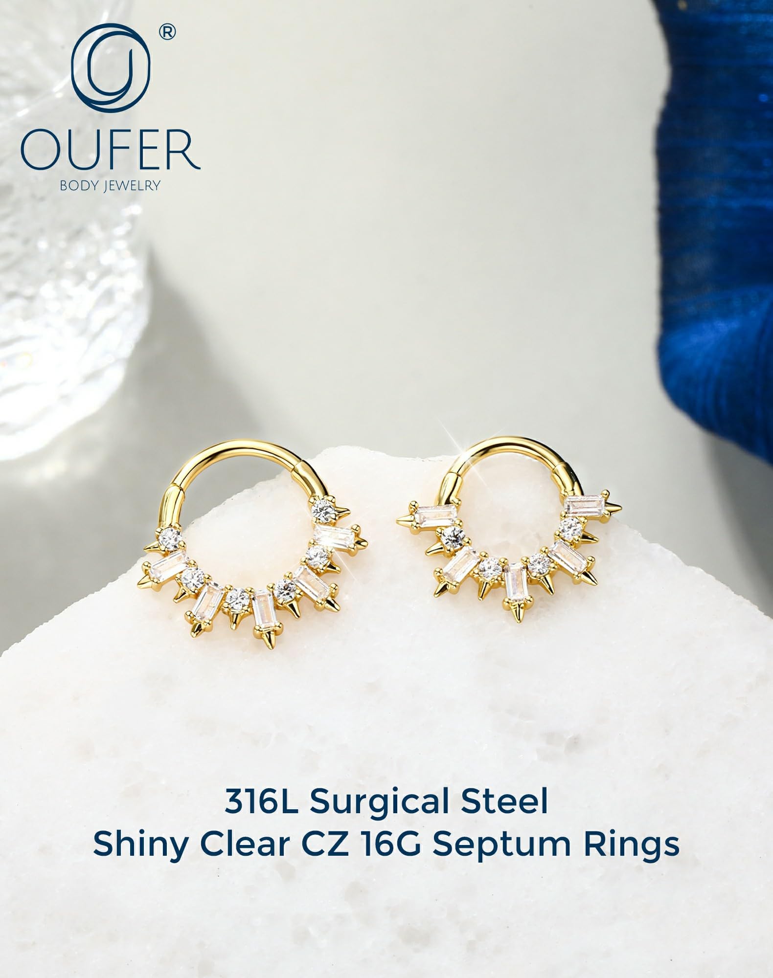OUFER Gold Septum Rings 16G 8/10MM 316L Surgical Steel Septum Piercing Jewelry, Square Clear CZ Hinged Segment Daith Piercing Jewelry, Daith Helix Rook Earrings For Women Men: 16G 10MM Gold