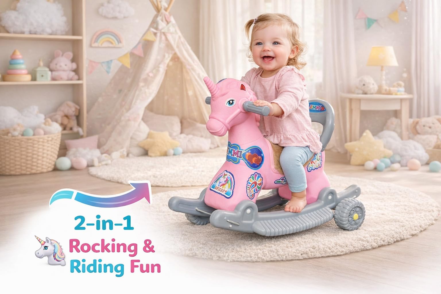 Maanit 2 in 1 Unicorn Rider for Kids 1-5 Years Old Interactive Birthday Gift for Kids Rideons & Wagons Non Battery Operated Ride On (Pink) 4