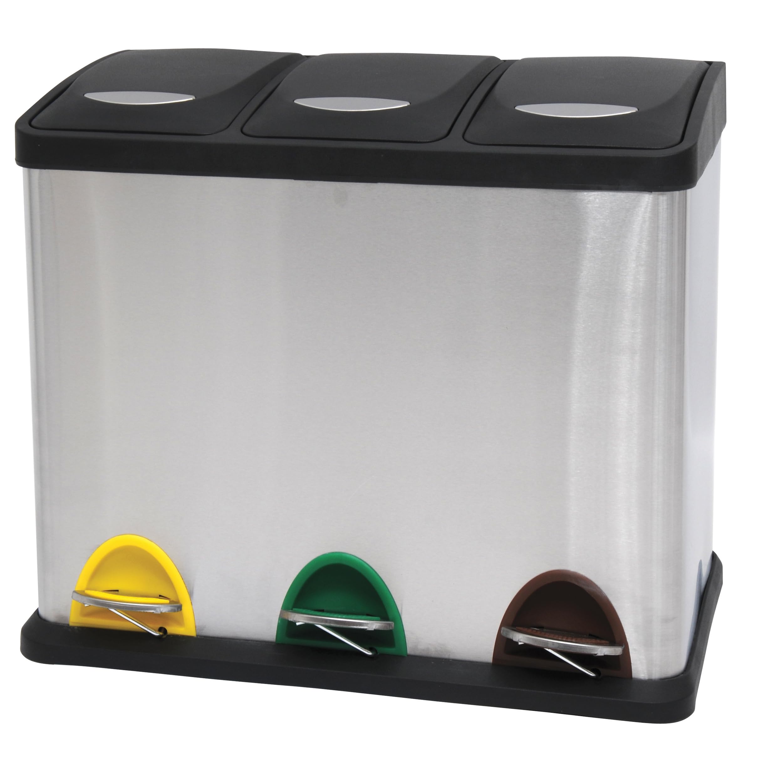 MSV - Poubelle à Pédale Tri Sélectif Inox 24L - 3 Bacs Amovibles de 8L - Design Moderne, Silencieuse et Anti-​Odeurs - Idéale Cuisine et Extérieur