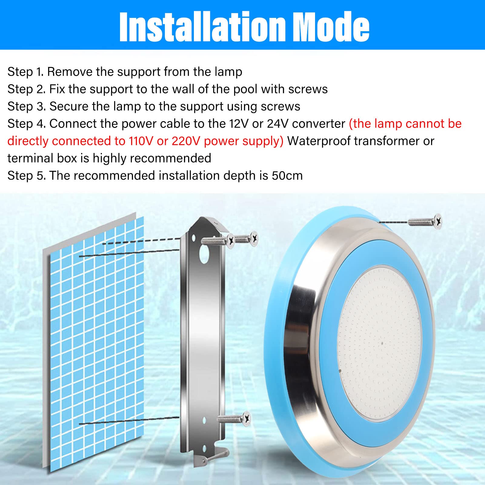 Yosoo Health Gear 18W RGB-LED-Schwimmbadleuchte, Edelstahl-Unterwasser-Pool-LED-Leuchte AC12V mit Fernbedienung, IP68-Wandmontage-Speicherfunktion für Pools, Springbrunnen, Teiche