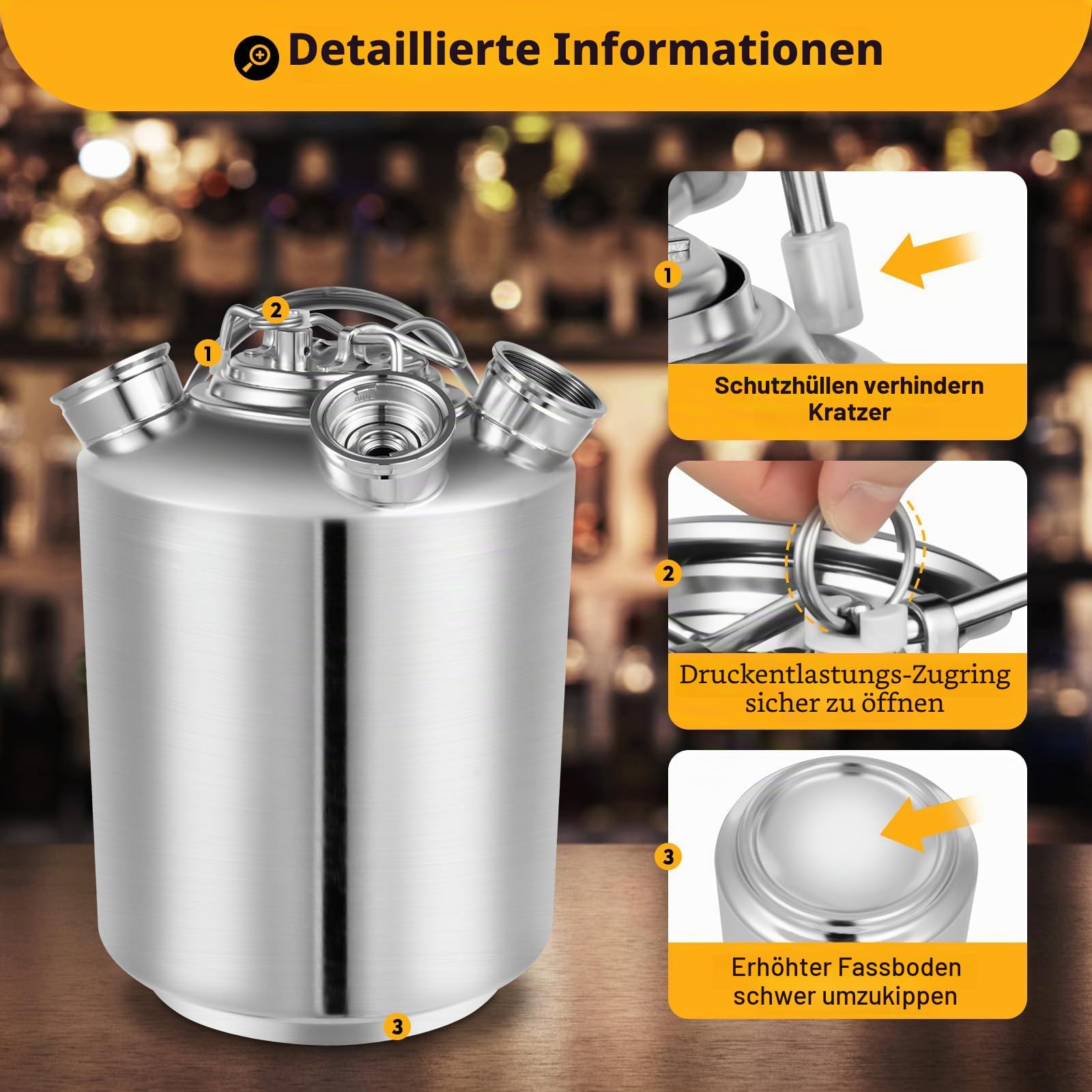 10-Liter-Keg-Reinigungsfass Edelstahl-Bierreinigungsbehälter 3 Kopfhähne Reinigungsfass für Keg-Zapfanlagen