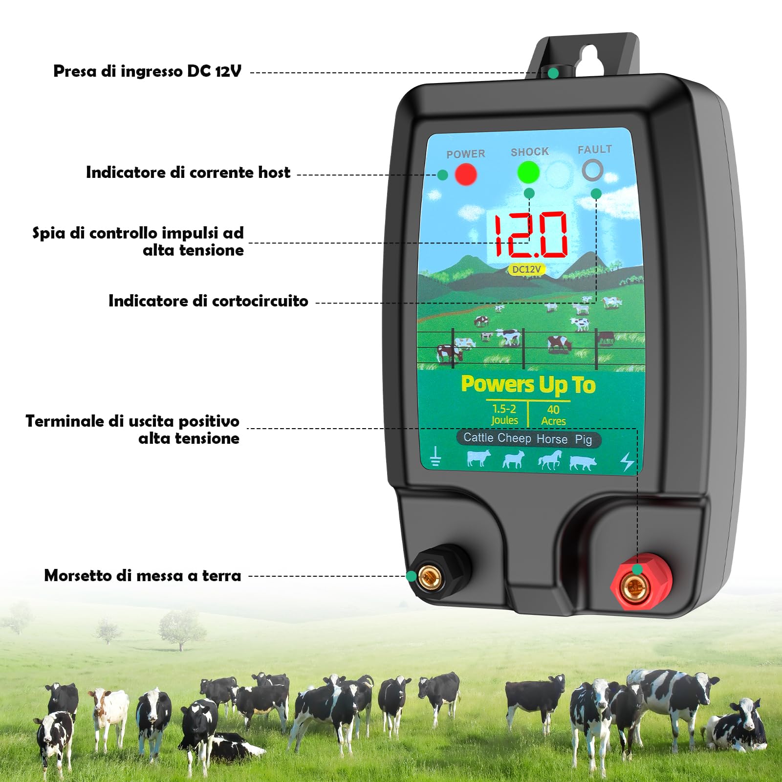 10KM Recinto Elettrico per Animali, Potente Elettrificatore per Recinzione Elettrica da 2 J con display LCD, Recinzione Elettrica Impermeabile IP44 ad Alta Potenza per Fattoria, Giardino, Pascolo