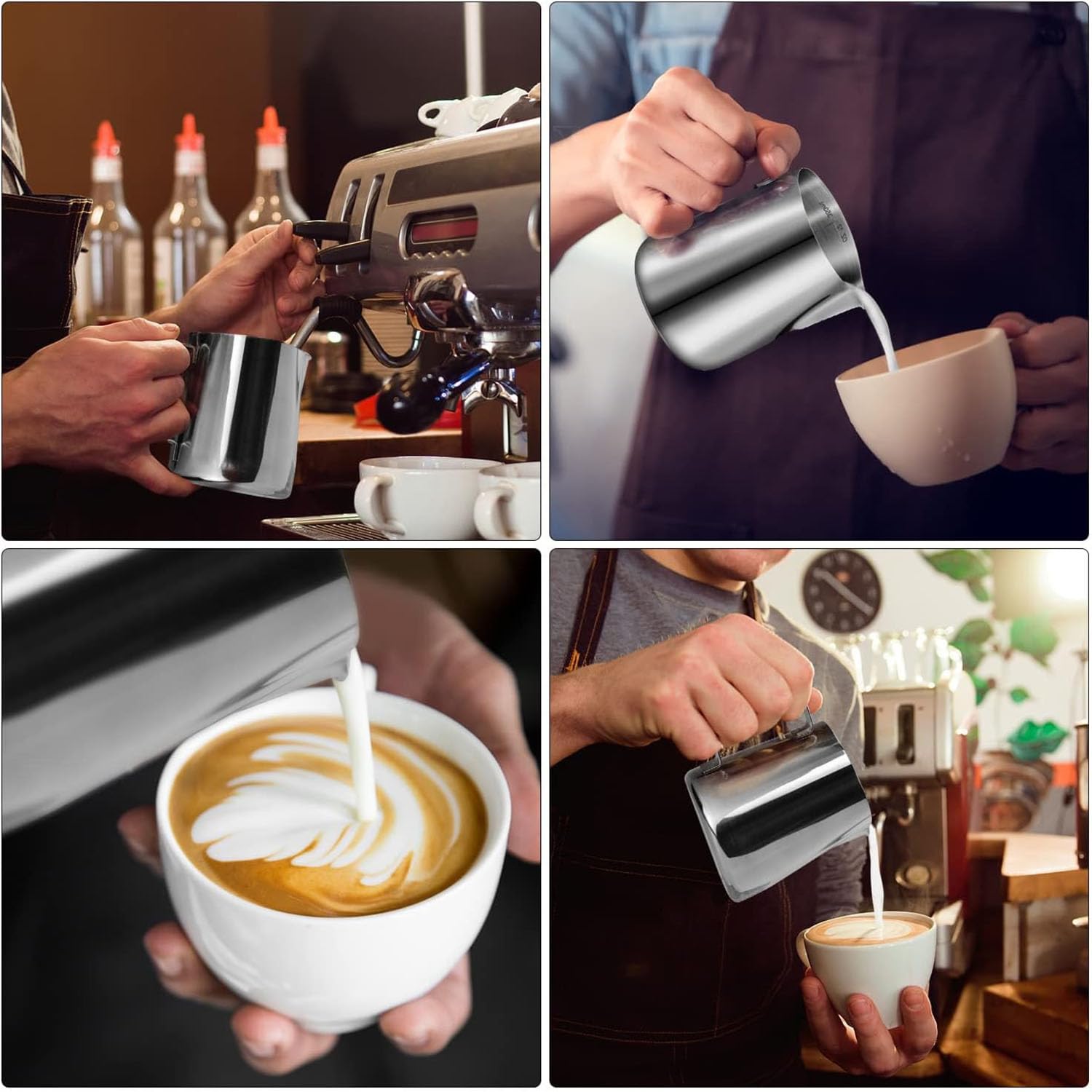 2 Pezzi Bricco da Latte in Acciaio Inox, 150ml/350ml Brocca in Schiuma con Segno, Lattiera Mucca per Cappuccino, per Espresso, Cappuccino e Latte Art