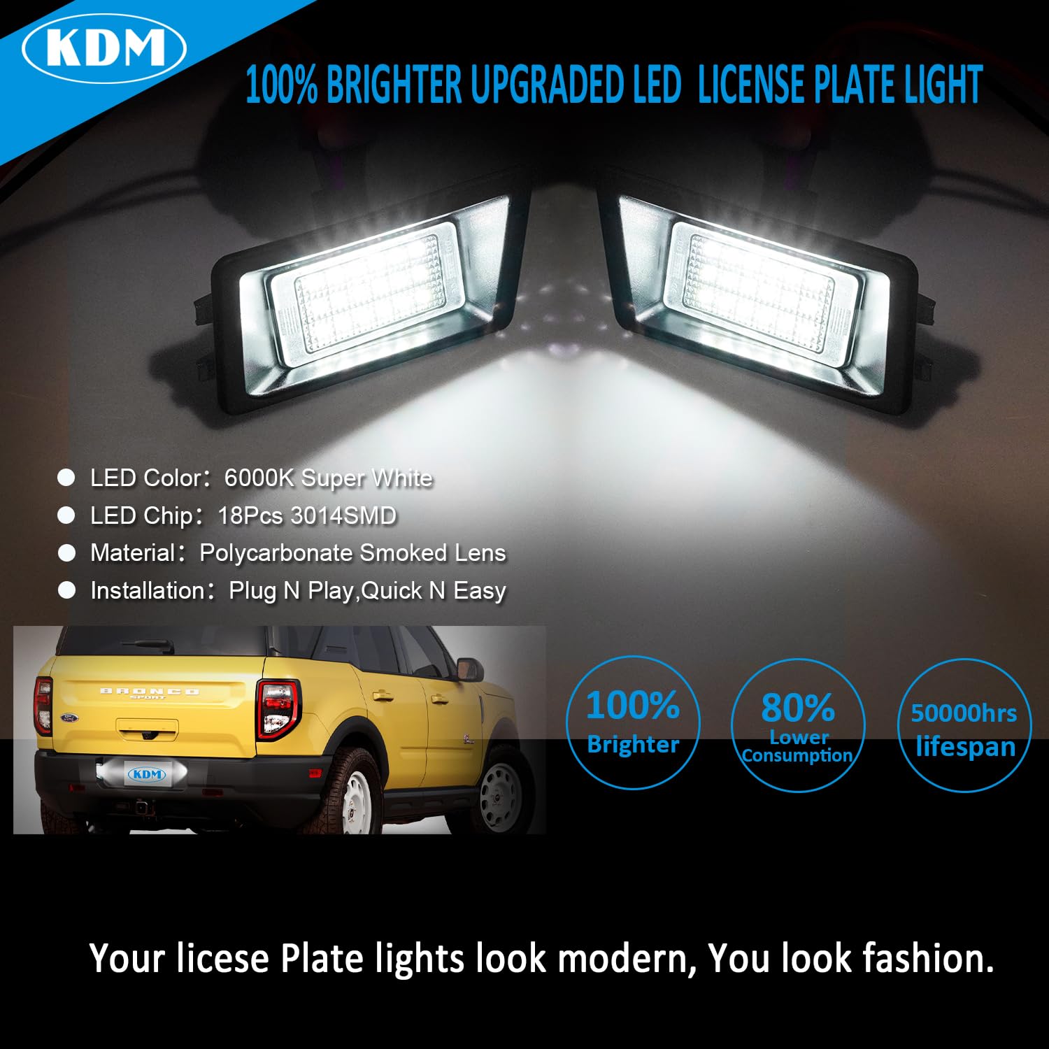 KDM LED License Plate Lights fit for Ford Bronco Sport 2021 2022 2023 2024,Replace OEM# M1PZ-13550-A Rear Tag Lamp 6000K White,2Pcs Pack