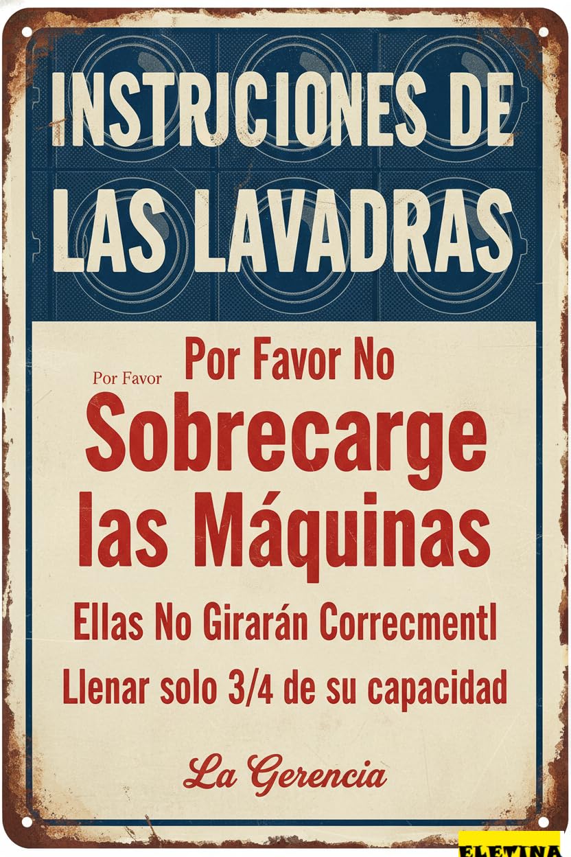 Vintage Metal Tin Sign for Man Cave Spanish Washing Machine Instructions Do Not Overload 12x8 Inches Private Property Decorative