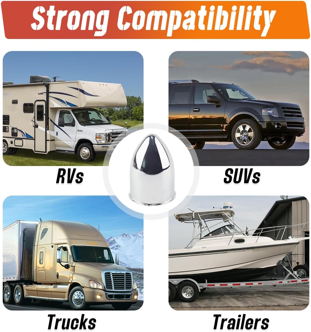 4-Pack Trailer Push Through Center Caps and Trailer Wheel Lug Sets - 3.15in Wheel Center Caps Chrome Wheel Cover Carbon Steel Hub Cap with 24 Chrome Capped 1/2-20 Lug Nuts for Truck RV