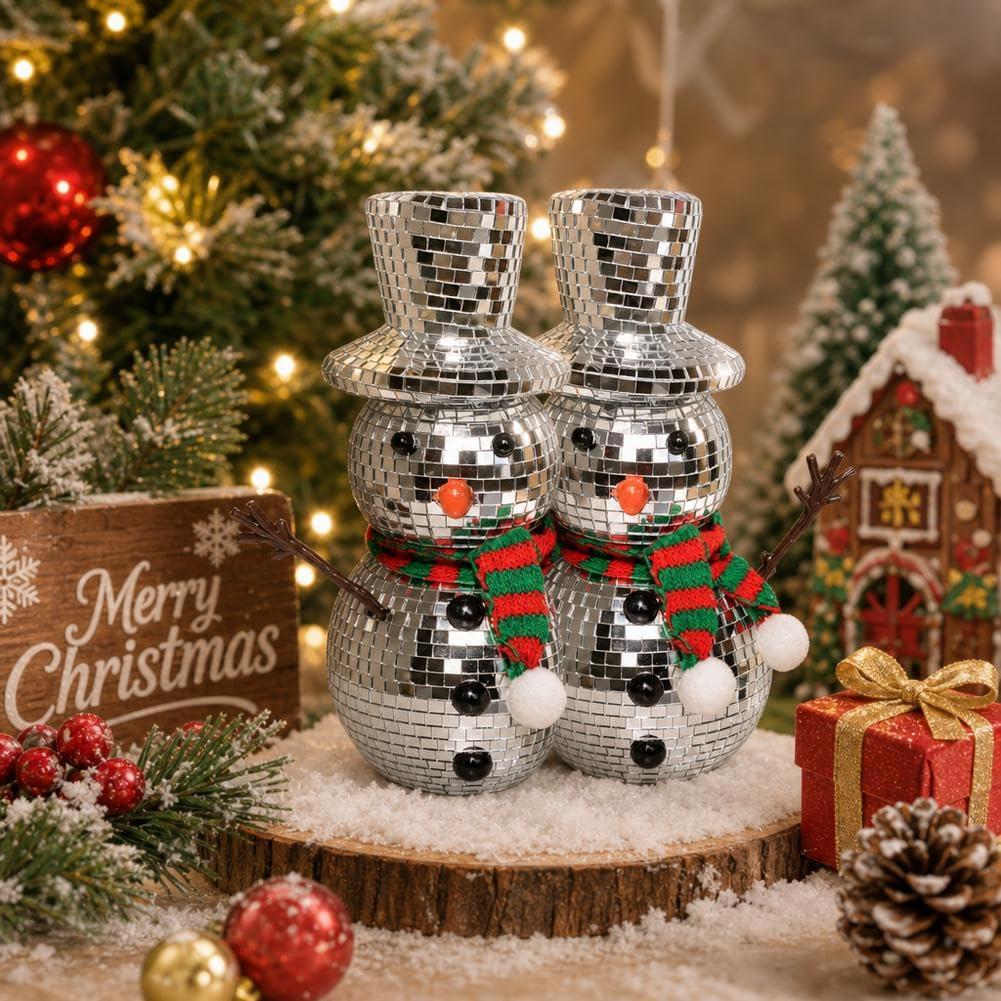 Muñeco de nieve de Navidad, decoración de bola de discoteca, figura reflectante de invierno, muñeco de nieve con bufanda, sombrero de punto brillante