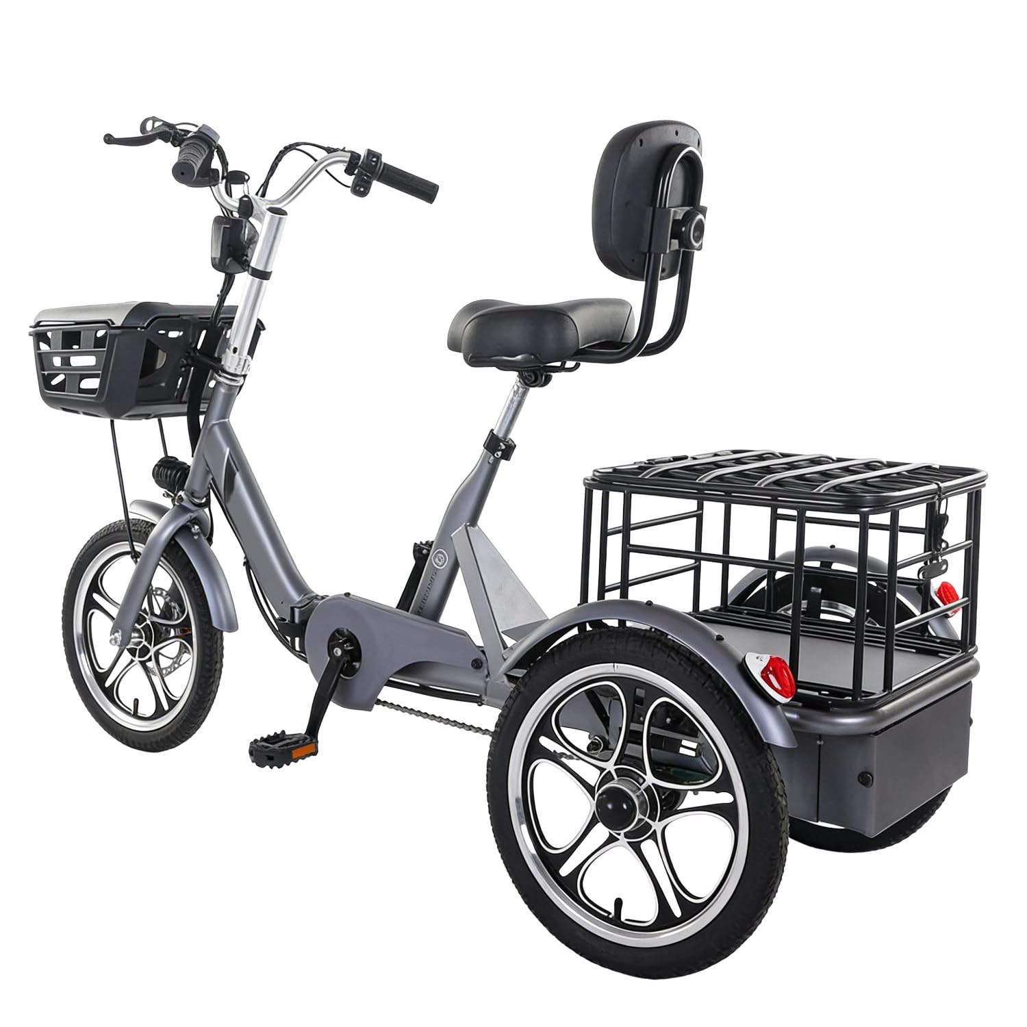 Triciclo elettrico adulti Nuovo Modello 3 ruote stabile, bicicletta elettrica e doppio freno, bici pedalata assistita con cestino capiente, ideale per città, spesa, anziani e trasporto Grey