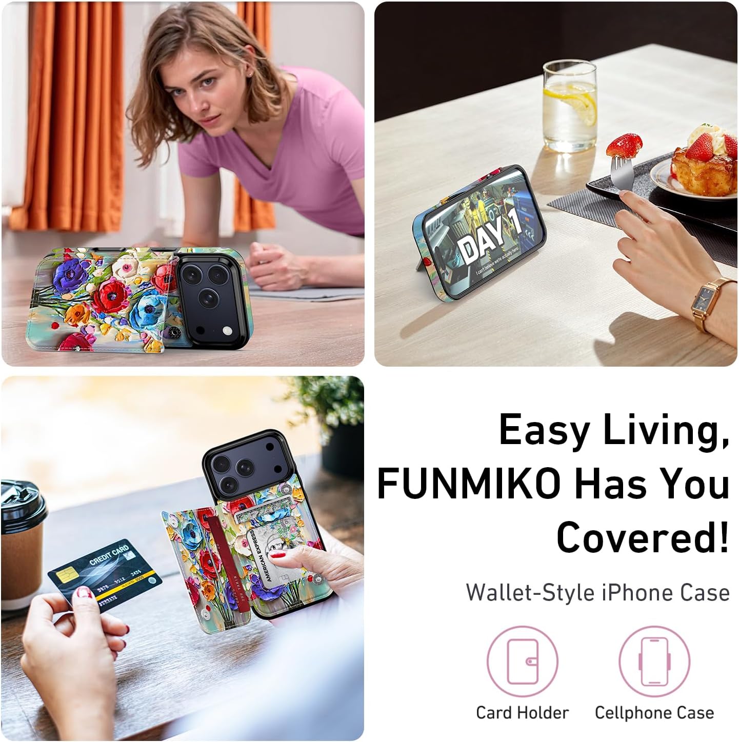 FUNMIKO for iPhone 17 Pro Wallet Case with Card Holder, RFID-Blocking, Military-Grade Drop Protection & Floral Animal Design, Magnetic Closure with Leather Kickstand - Abstract Flowers - Image 6