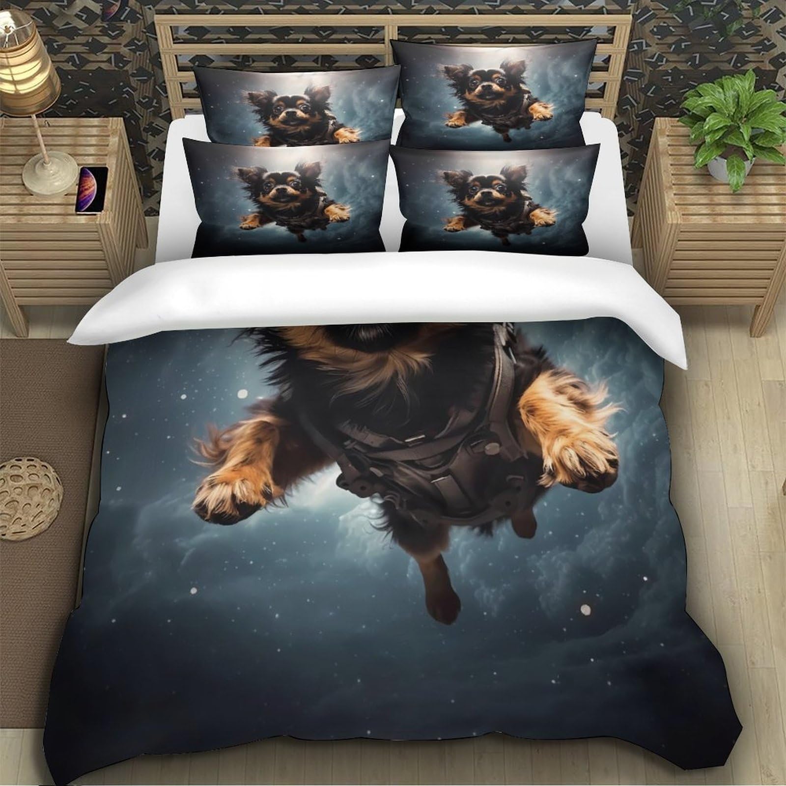 Avventura con un cane nello spazio Impressione 3D 3 pz cover piumone Fantasia cosmica di animali domestici coperteletto microfibra morbida antiacari per bambini ragazzi adulti King（220x240cm）