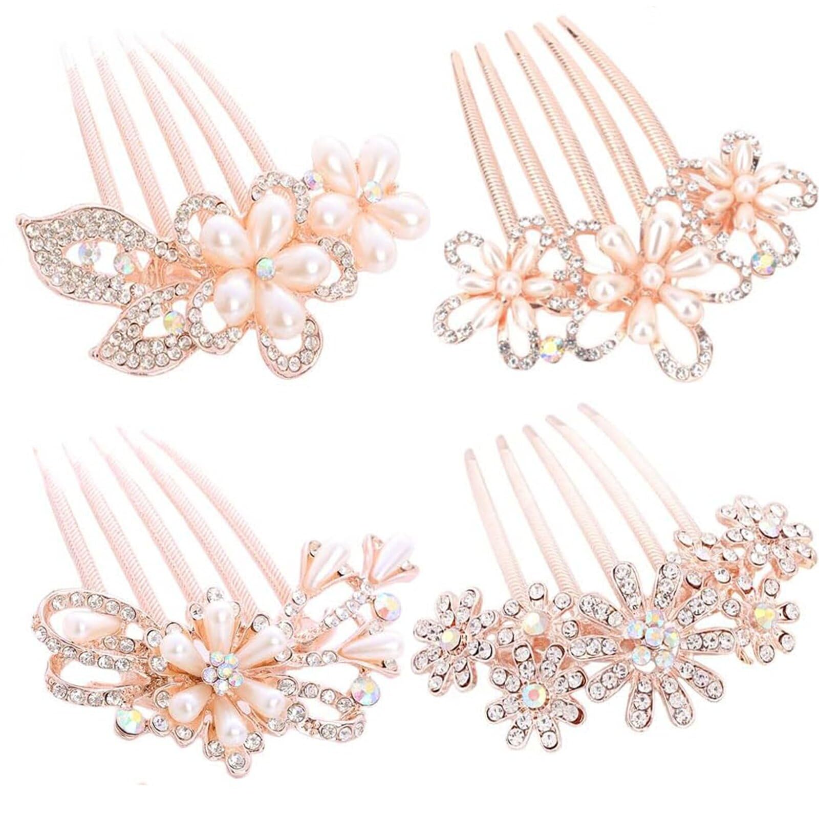 HUANGY Pack of 4 Bridal Wedding Hair Combs, Flower Wedding Hair Combs, Rhinestone Bridal Hair Combs, for Wedding Bridesmaid