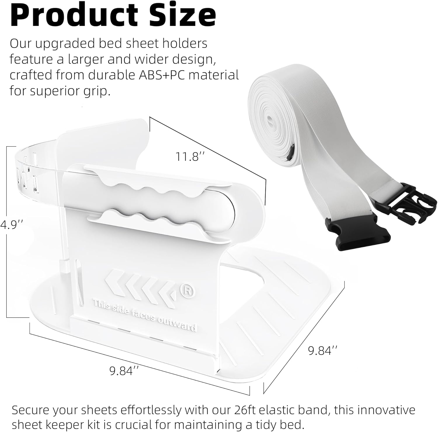Bed Sheet Strap Holders with 26ft Elastic Band, Upgraded 360-Degree Corner Holders, Keeps Sheets Firm & Tight on All Mattress Sizes, Includes Extra-High Mattresses, Easy Installation