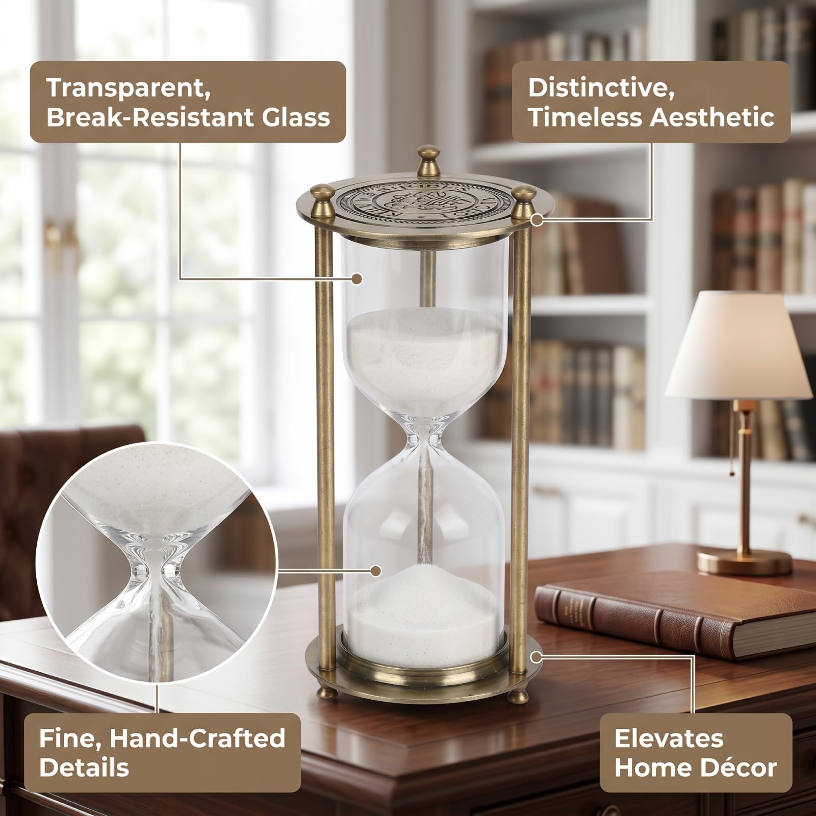 Milltrip Clessidra Decorativa in Vetro, Timer a Clessidra Riempibile Con Cornice in Ottone, Orologio Sabbia per Salotto e Ufficio