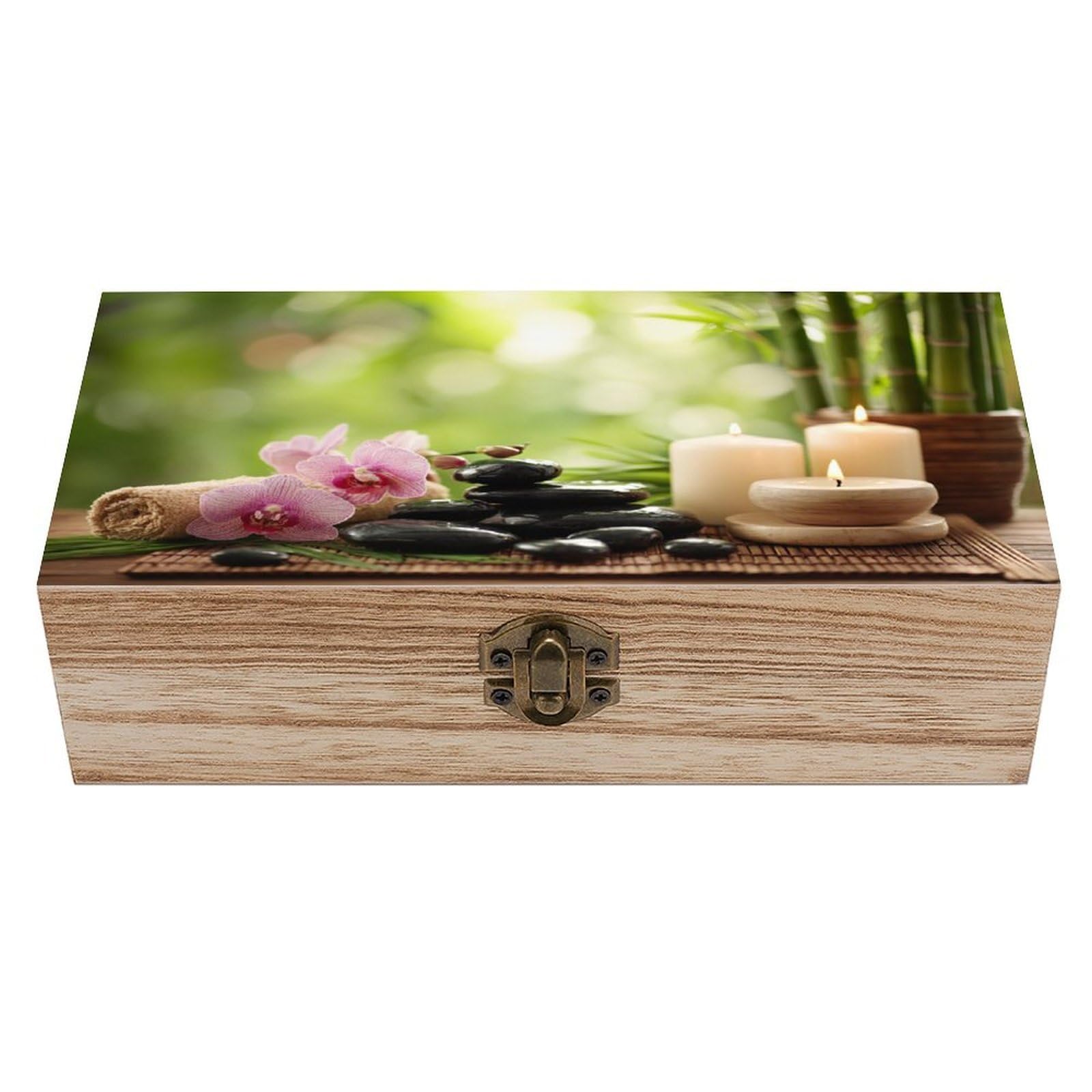 asbwuo Spa Setting Candles Black Stones Wooden Storage Box with Hinged Lid