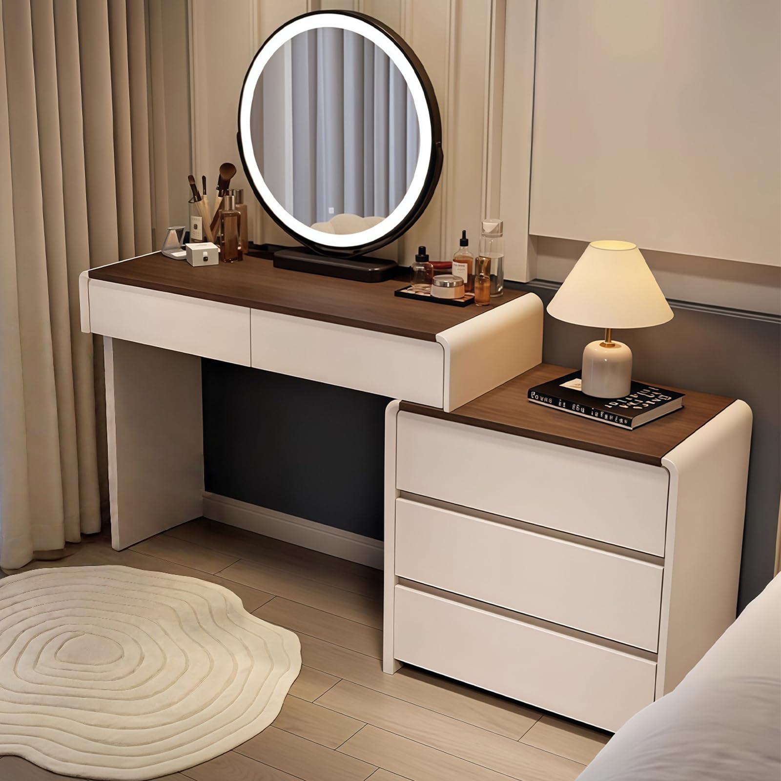 Schminktisch mit Holzmaserung, L-förmiger Frisiertisch mit Spiegel, Moderner Ecke Kosmetiktisch mit 5 Schubladen und Schrank, Einfach zu Montieren für Mädchen Schlafzimmer, 100cm
