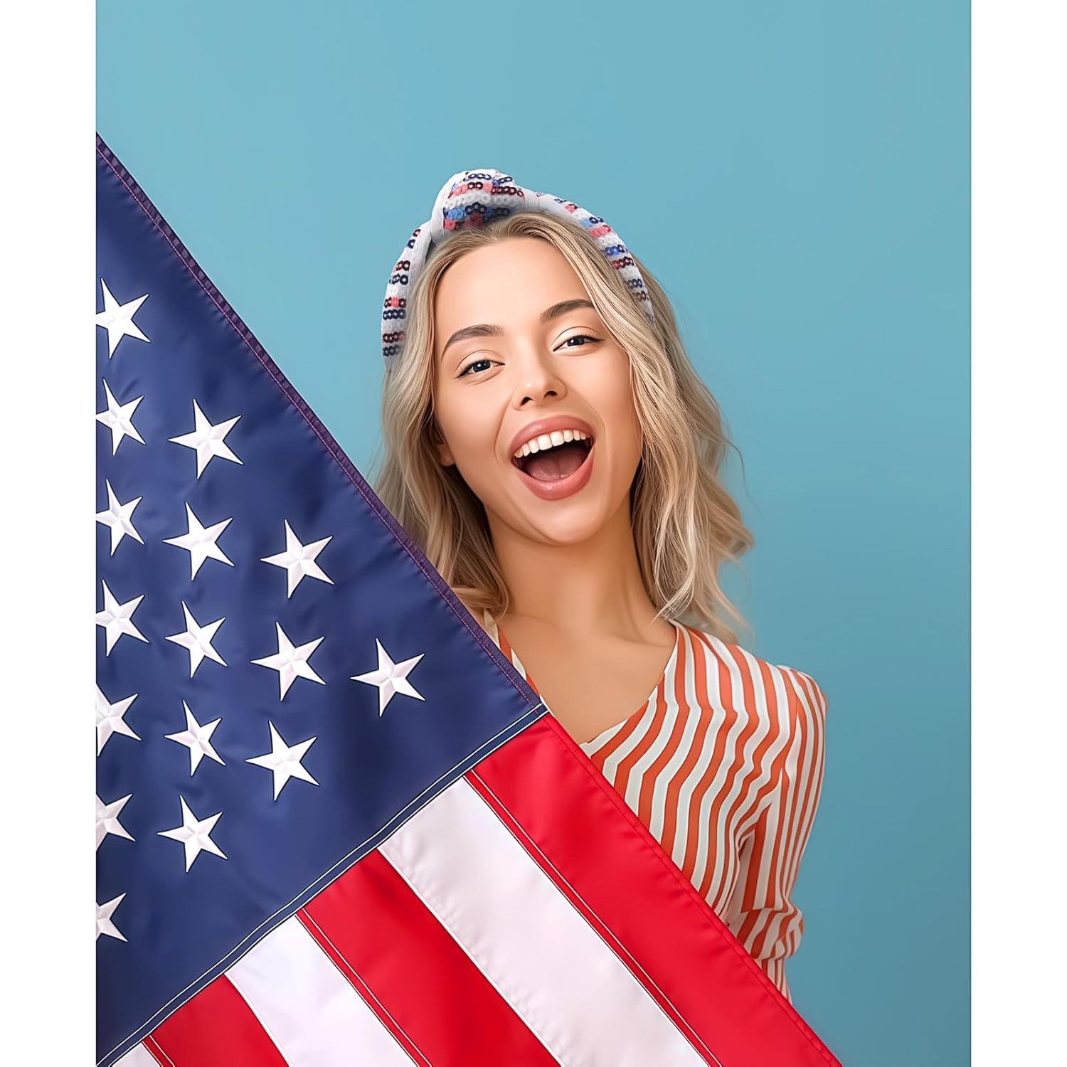 4th of July Knotted Headbands for Women Girls Fourth of July Headband Red White and Blue Sequin Patriotic Hairband Sparkly American Flag USA Independence Day Head Band Hair Accessories Fashion Gifts - Image 6