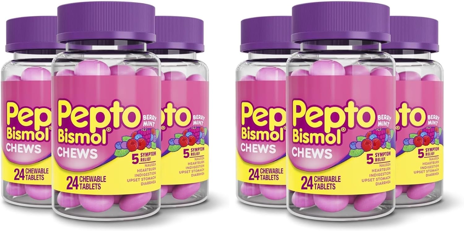 Pepto Bismol Chews, Fast and Effective Digestive Relief from Nausea, Heartburn, Indigestion, Upset Stomach, Diarrhea, Berry Mint Flavor, 24 Count,(Pack of 6)