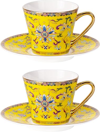 Miniatura 13 de KAMMAK Juego de 2 tazas de té y platillos, taza de café de porcelana con platillo para expreso, capuchino, 7.5 onzas, taza de cerámica floral