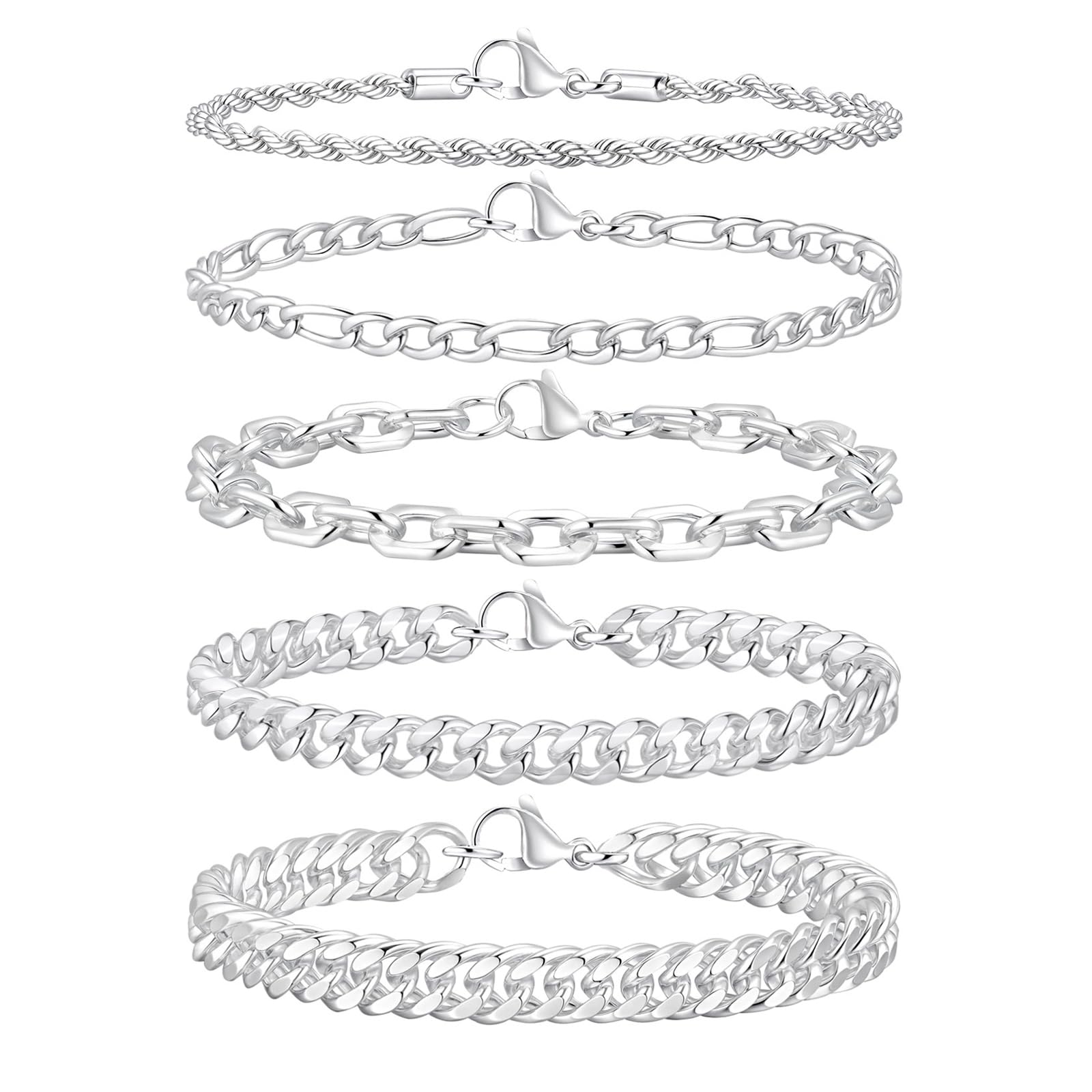 VNOX 5/7 Pcs Chain Bracelet for Men Women - Sturdy Stainless Steel Curb Width Cuban Link Chain Bracelet Set for Men Women,6.5/7/7.4/8.2/9 Inches 9.0 Inches Silvering Link 1