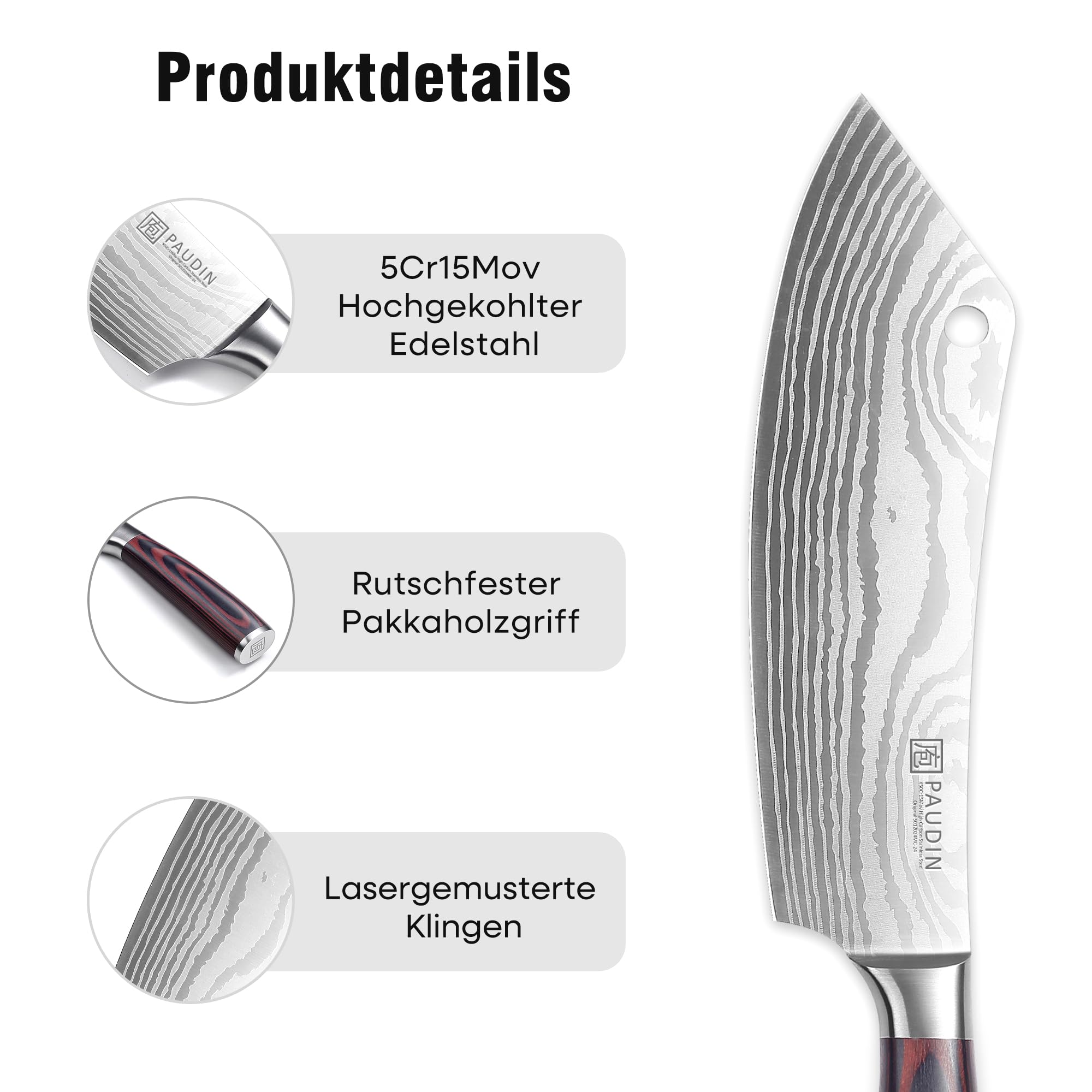 PAUDIN Coltello da cucina, coltello giapponese da 20 cm per disossare, ascia da cucina, coltello da cuoco in acciaio inossidabile di alta qualità, lama extra affilata con impugnatura ergonomica legno