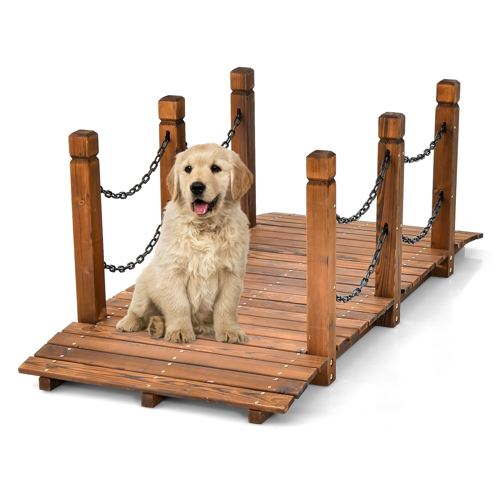 COSTWAY Brücke, Teichbrücke Gartenbrücke, Holzbrücke mit Geländer, Zierbrücke belastbar bis 120 kg, Dekobrücke für Garten, Teich, Bach, Bauernhof, 150 x 67 x 55 cm, Braun