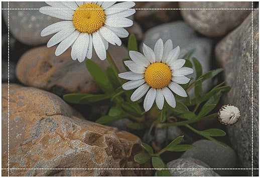 Placemats Set of 4 Washable Heat Resistant Place Mats Daisies and Rocks Dining Table Mats Wipeable Placemat for Kitchen Dining Table Decoration Indoor Outdoor