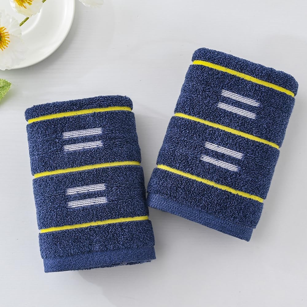 YiLUOMO Blue Hand Towels Yellow Striped Design Set of 2 Super Soft 100% Terry Cotton Highly Absorbent Decorative Hand Towel for Bathroom 13 x 29 Inch - Image 3