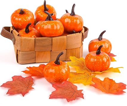 DomeStar 42PCS Fake Pumpkins Sets, 12 PCS Pumpkins and 30 PCS Maple Leaves