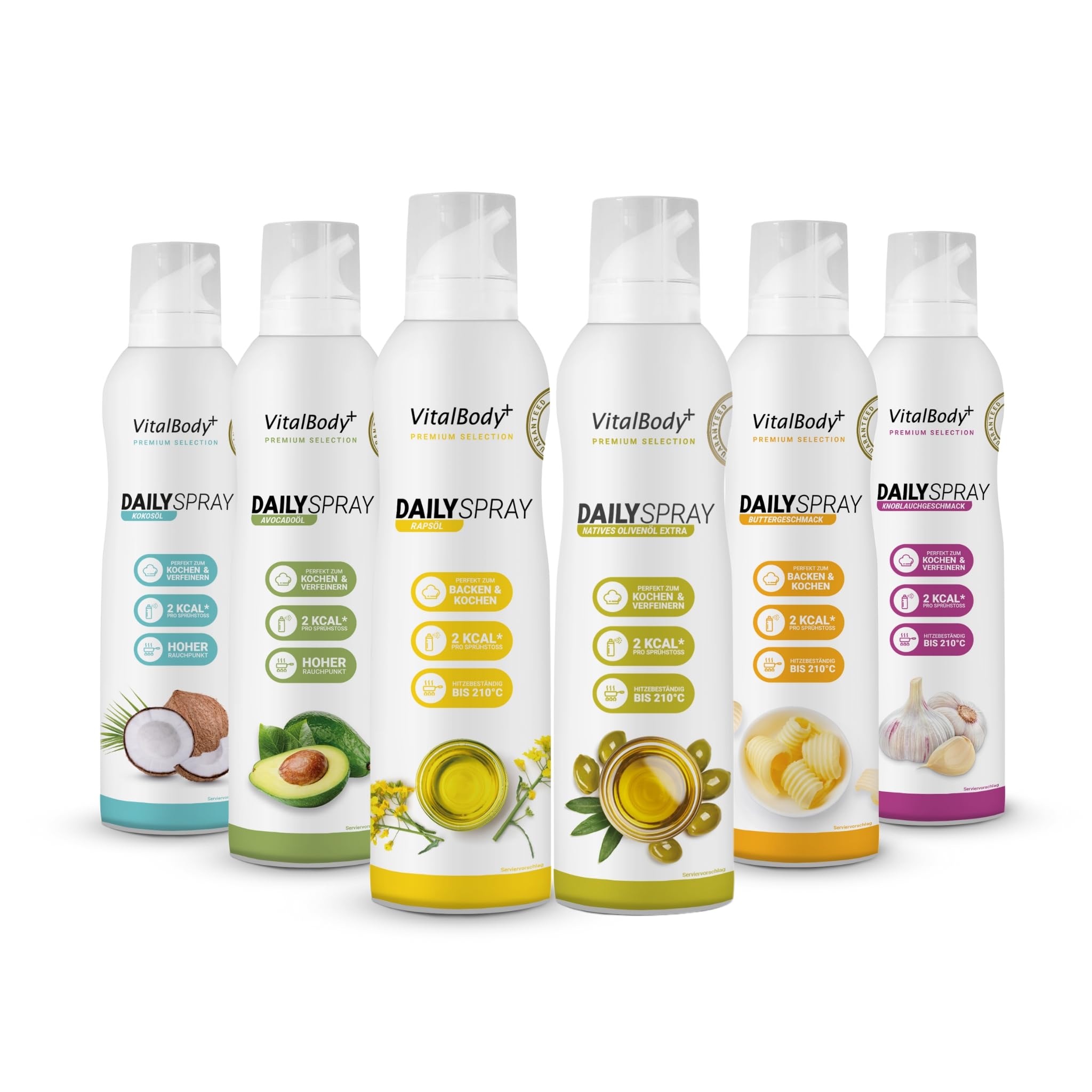 VitalBody+ DailySpray Probierpaket, 6er Pack – 2 kcal Ölspray für Airfryer, Braten & Grillen – Kalorienarm Kochen – Non-stick Cooking Spray, 4800 Portionen