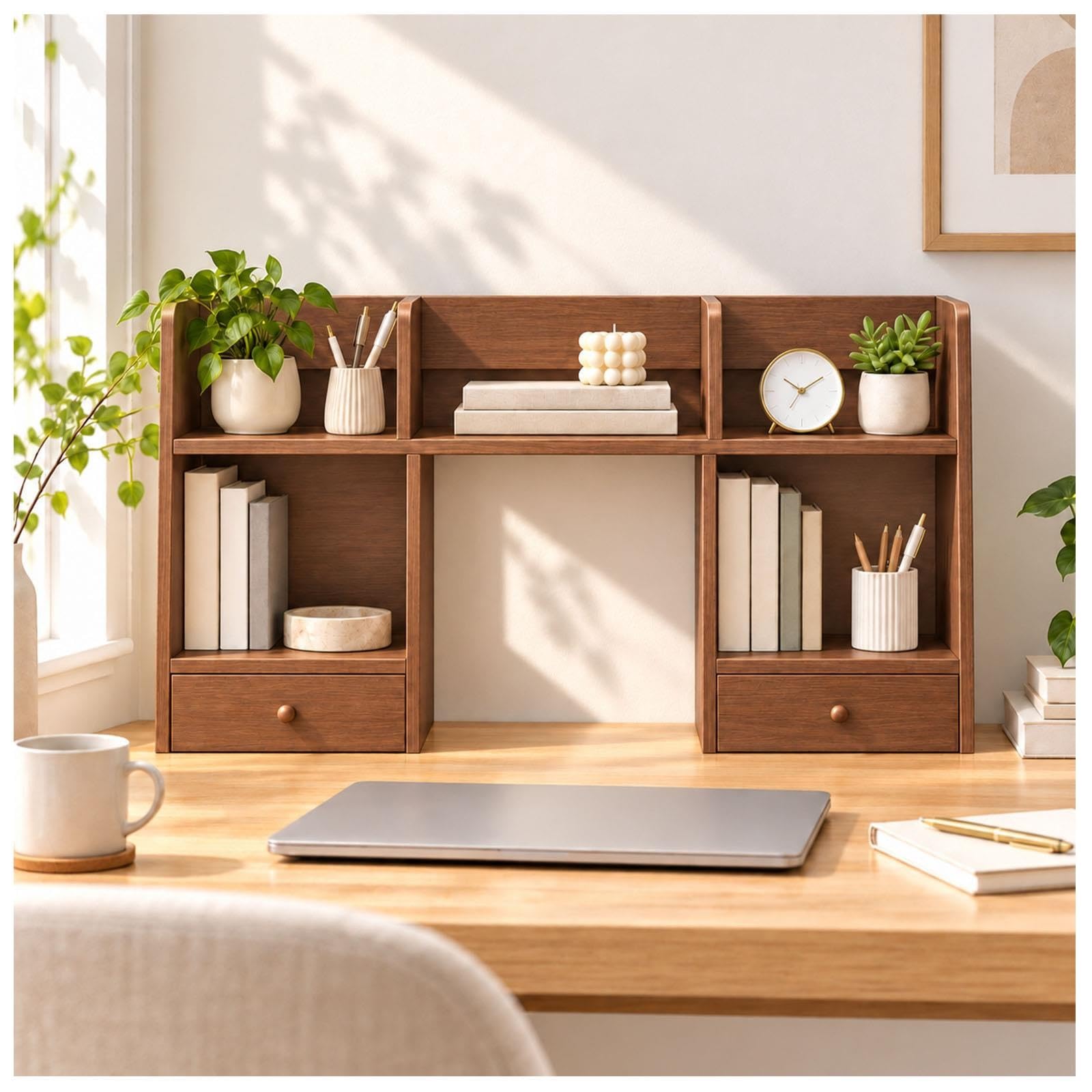 Wooden Desk Hutch with 5 Shelves & 2 Drawers, Desktop Bookcase