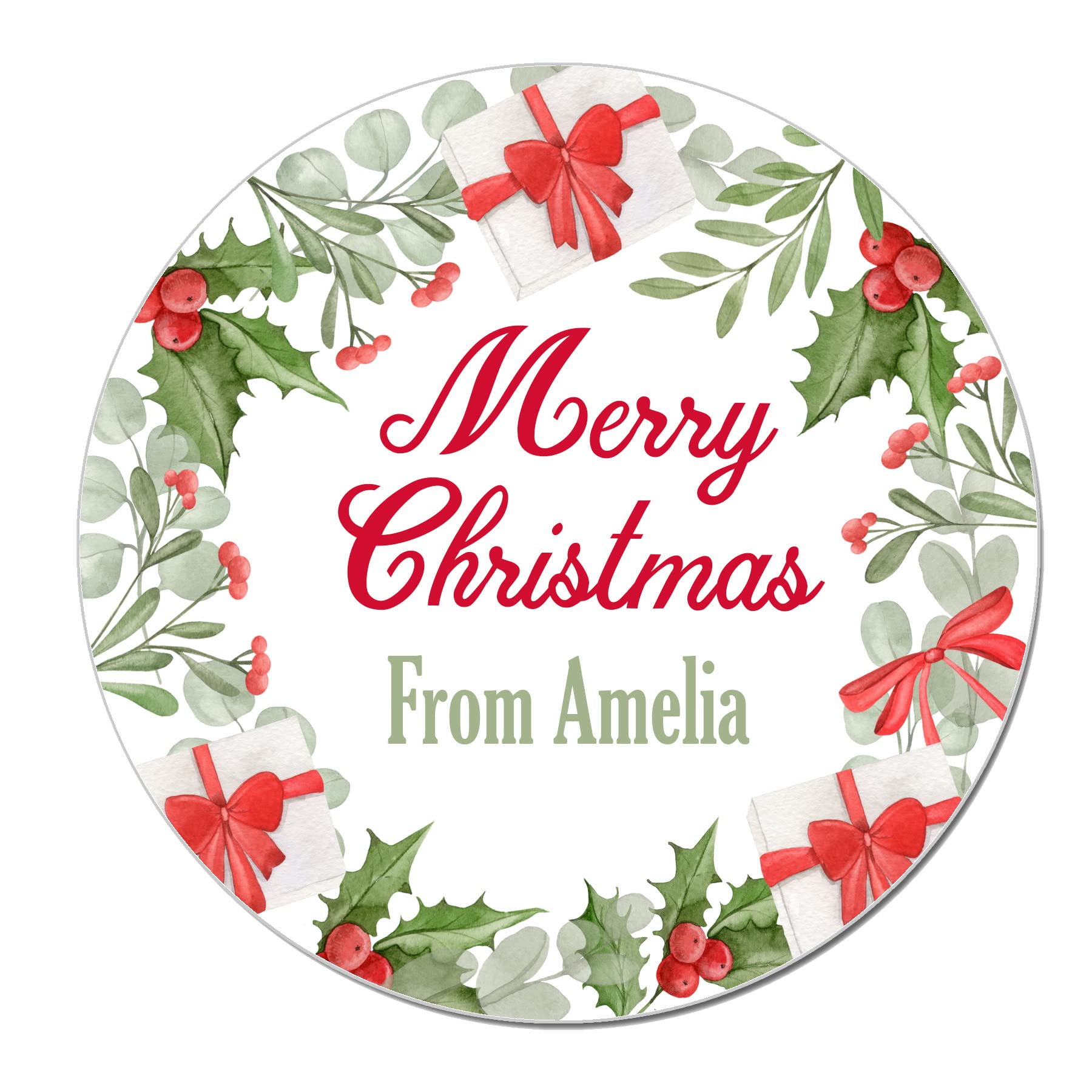 Treasured Forever White 24 Personalised Christmas Wreath Stickers Gift Tag Labels Present Delivery From Santa (Festive Wreath)