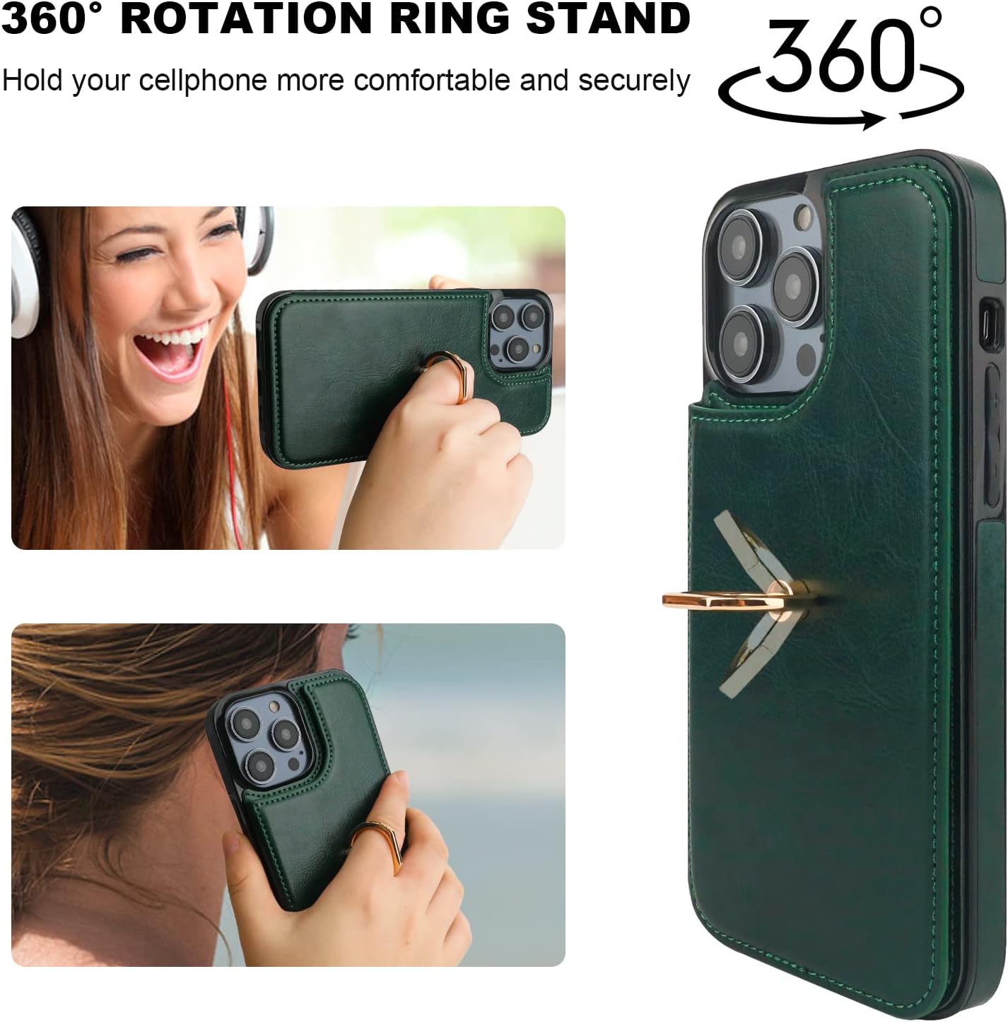 ONETOP for iPhone 14 Pro Max Wallet Case with Card Holder, 360° Rotation Ring Kickstand RFID Blocking PU Leather Double Magnetic Clasp Shockproof Cover for Women and Girls 6.7 Inch (Green) - Image 5
